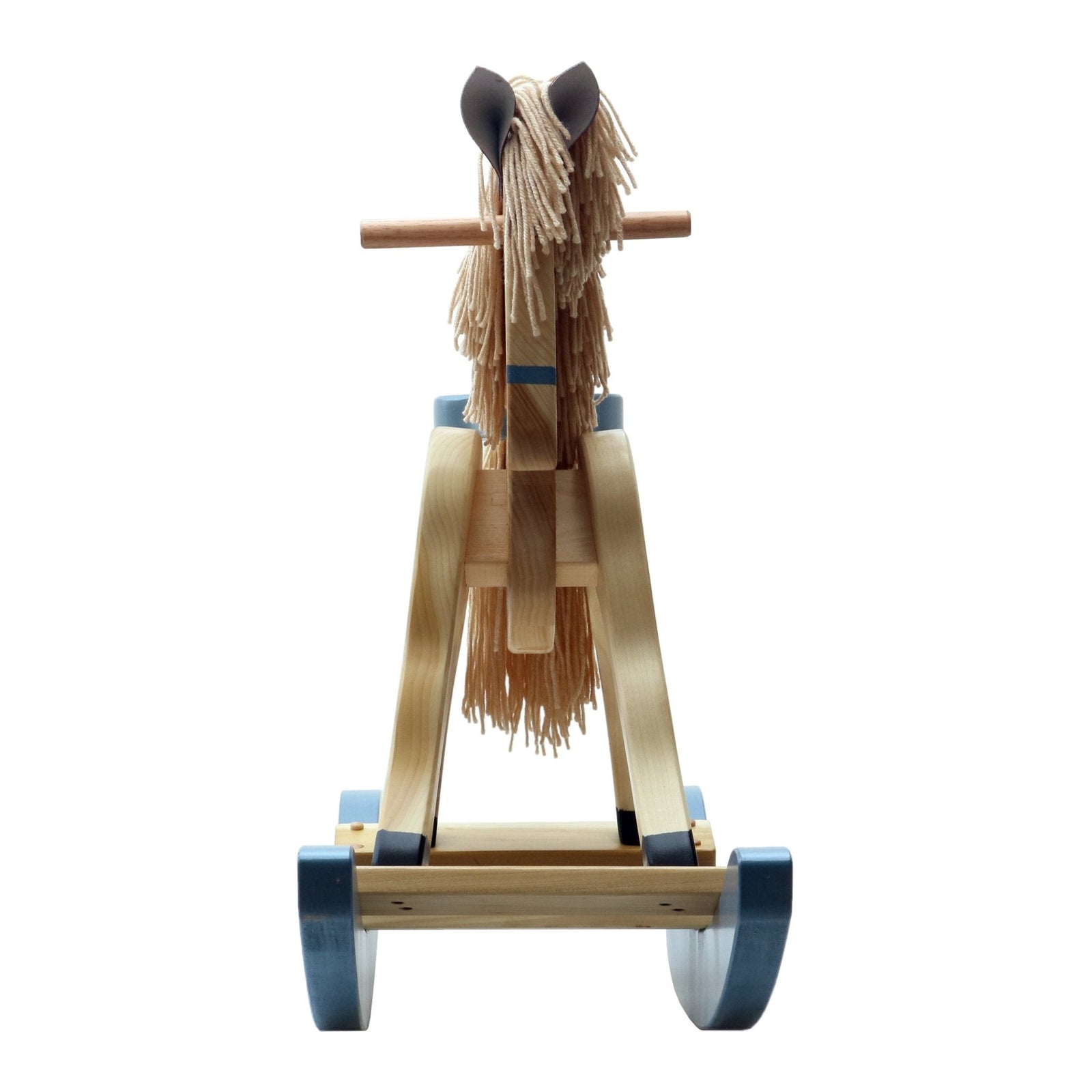Front view of wooden rocking horse handles and head
