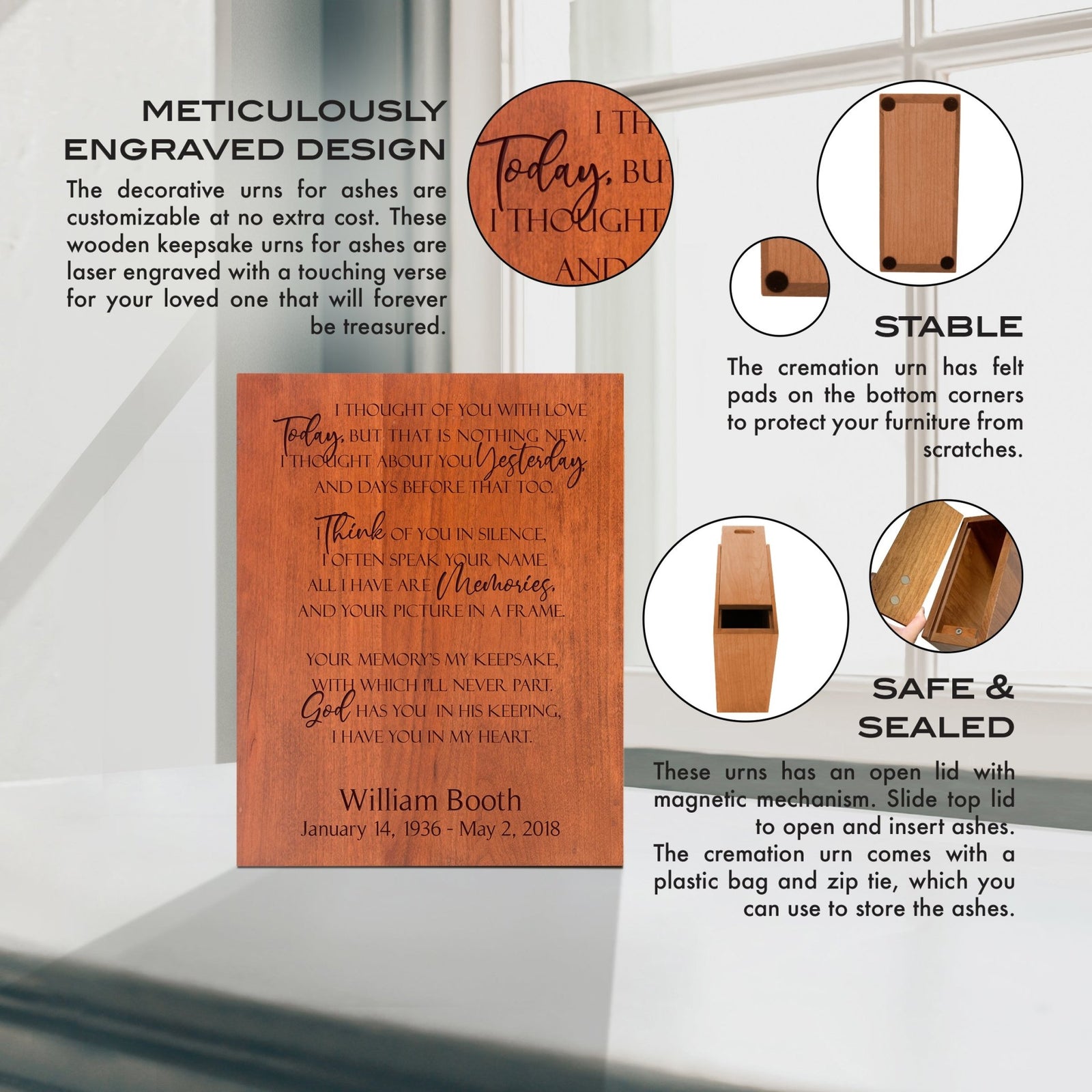 Personalized Memorial Wooden Keepsake Scattering Urn Box for Adults