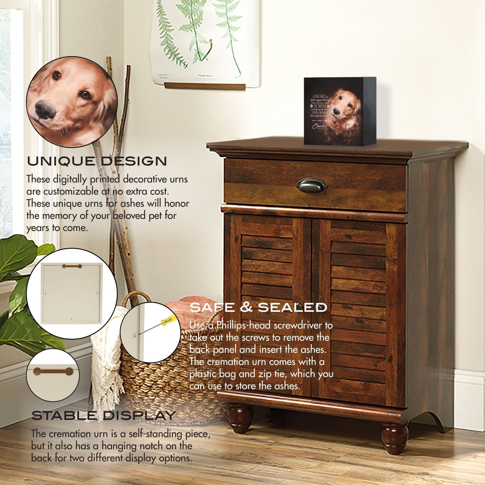 Custom wooden memorial photo shadow box urn and an emotional message, displayed on a vintage wooden cabinet. The urn is highlighted with features like secure storage for ashes and dual-display options, making it an excellent choice for bereavement gifts or gifts for someone who lost a pet. Perfect for dog or cat memorial urn ideas.