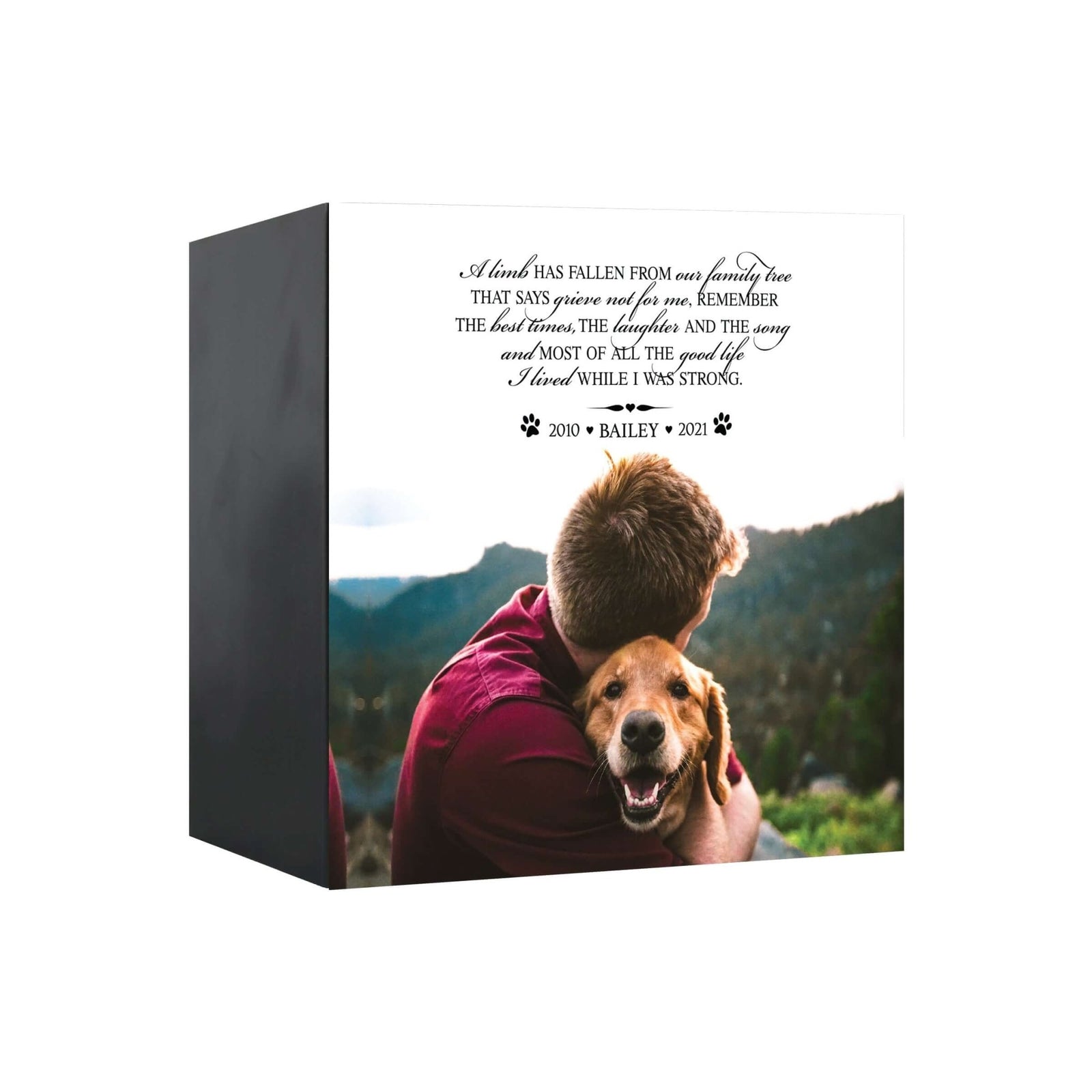 Close-up view of a Lifesong Milestones shadow box urn for dog or cat ashes, featuring a custom photo and a touching message. A high-quality wooden pet urn for ashes and a meaningful bereavement gift for someone who lost a pet.