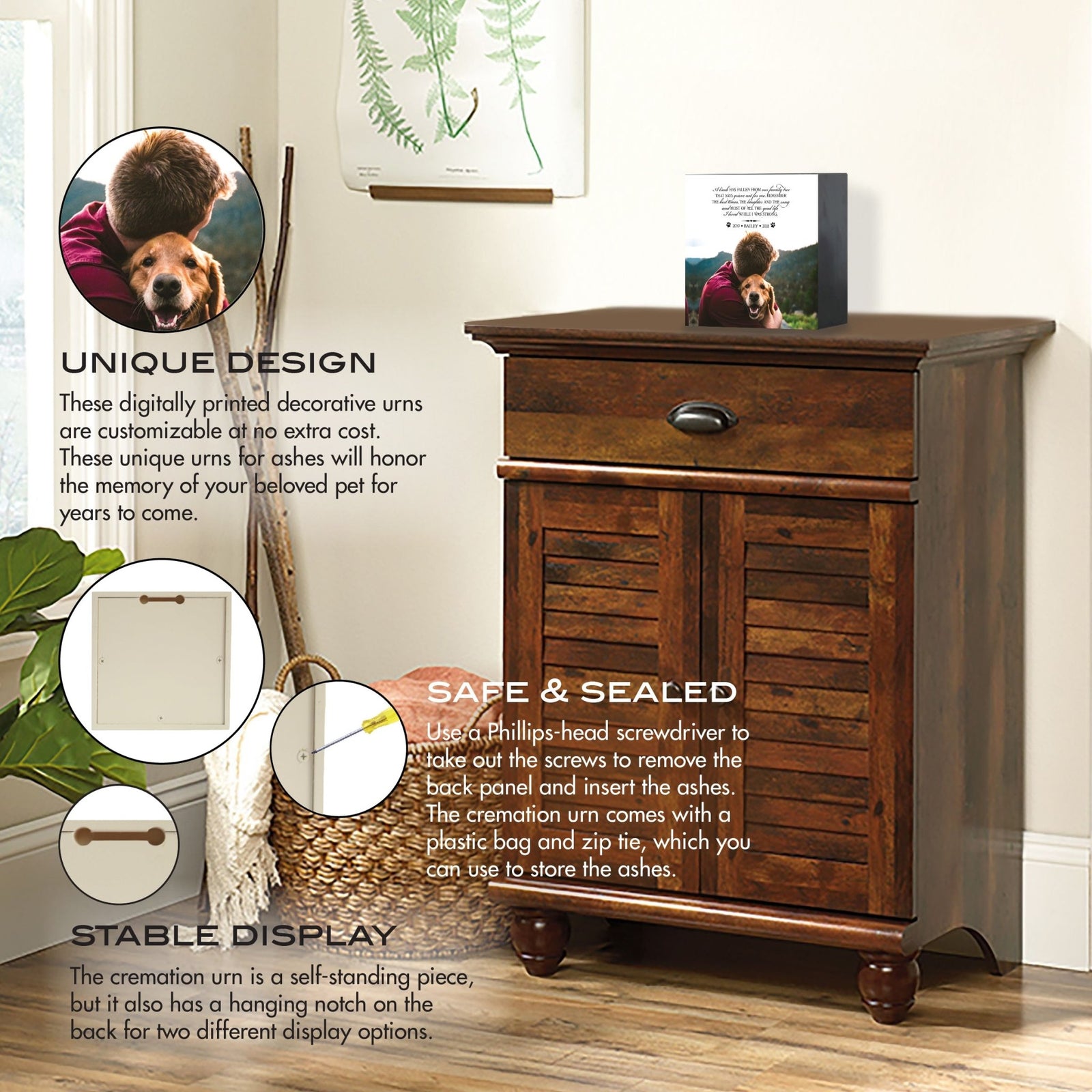 Custom wooden memorial photo shadow box urn and an emotional message, displayed on a vintage wooden cabinet. The urn is highlighted with features like secure storage for ashes and dual-display options, making it an excellent choice for bereavement gifts or gifts for someone who lost a pet. Perfect for dog or cat memorial urn ideas.