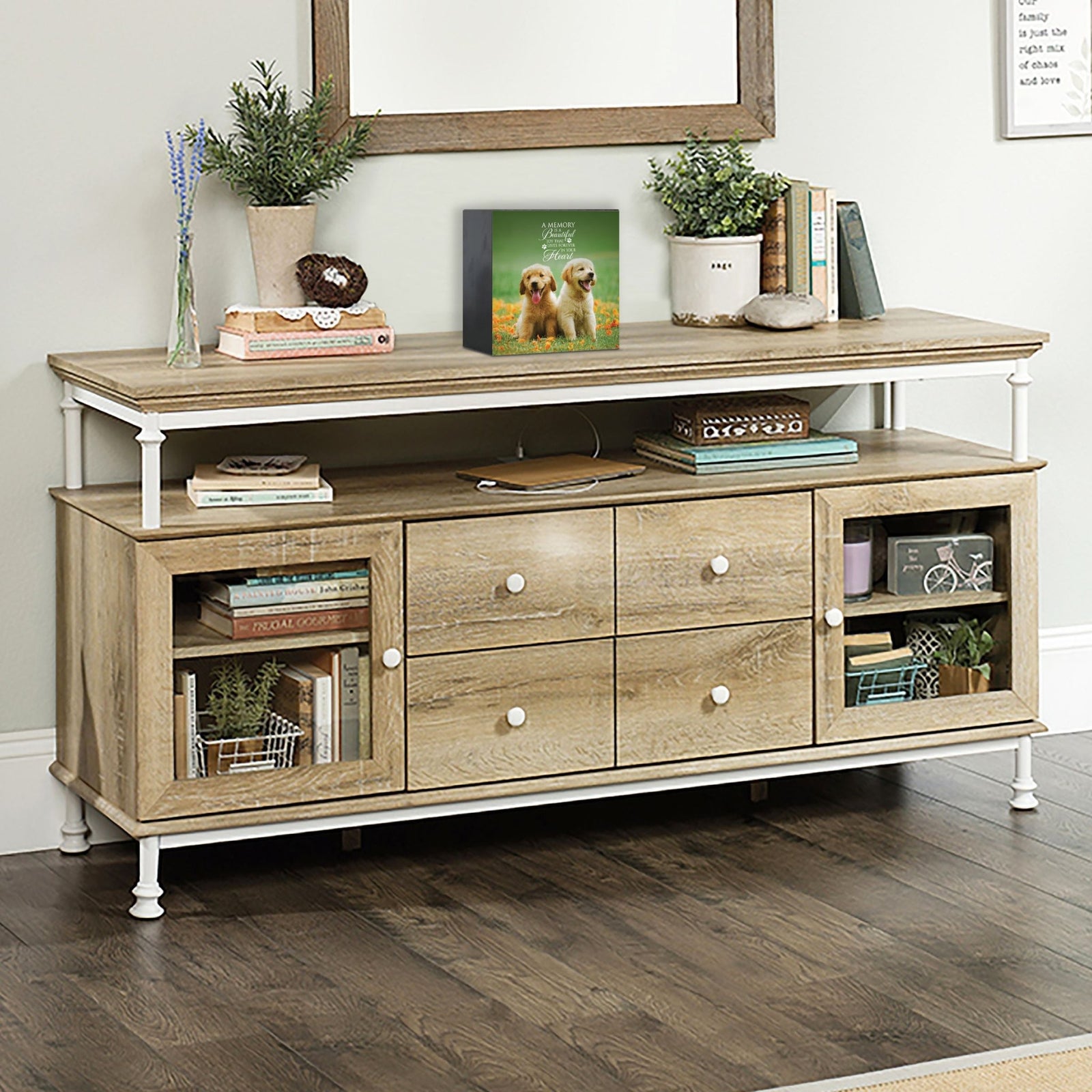 Wooden pet urn shadow box displayed on a rustic wooden TV console in a cozy living room. The shadow box features a photo of a pet. A touching bereavement keepsake box ideal for memorial shadow box ideas and pet urns for ashes.
