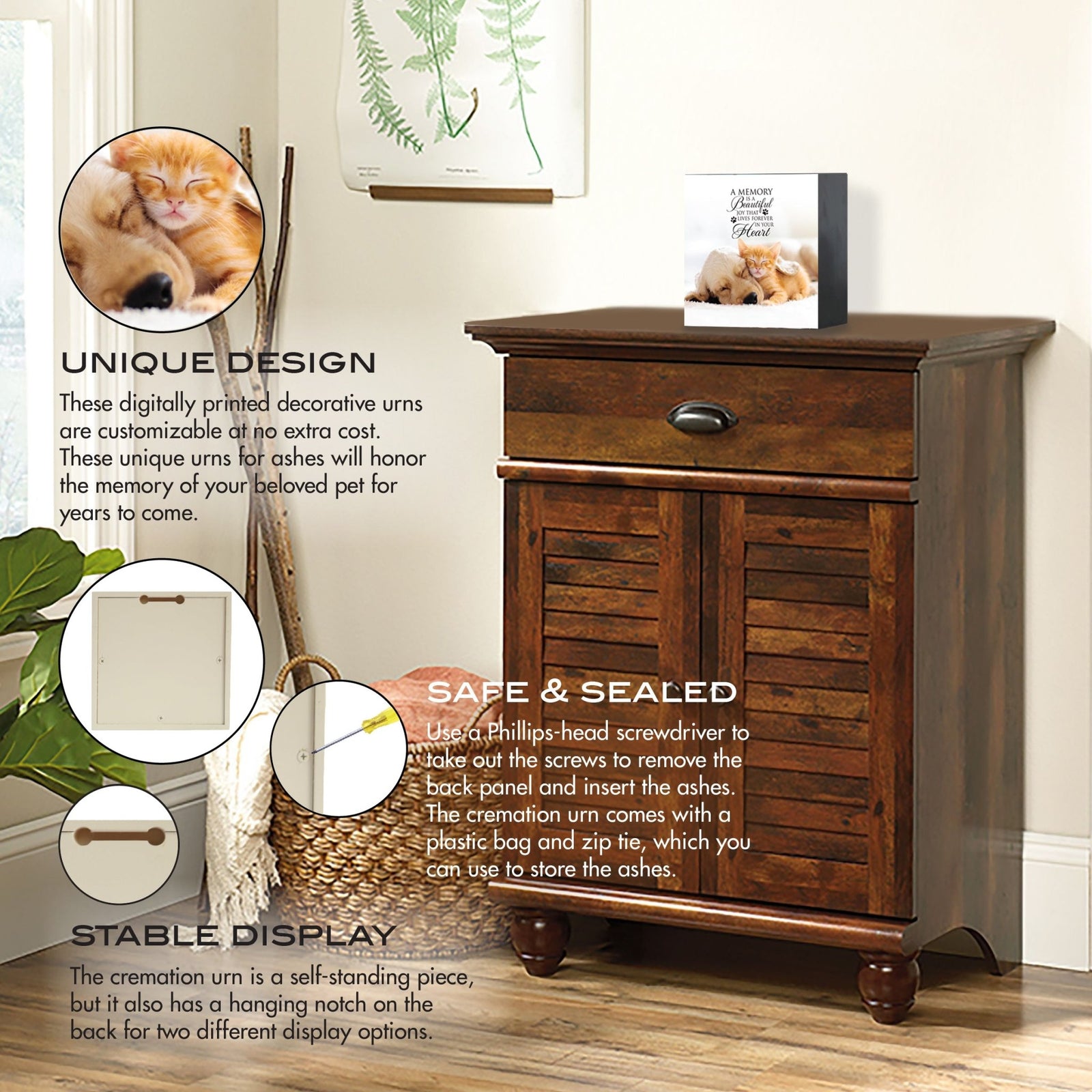 Custom wooden memorial photo shadow box urn and an emotional message, displayed on a vintage wooden cabinet. The urn is highlighted with features like secure storage for ashes and dual-display options, making it an excellent choice for bereavement gifts or gifts for someone who lost a pet. Perfect for dog or cat memorial urn ideas.