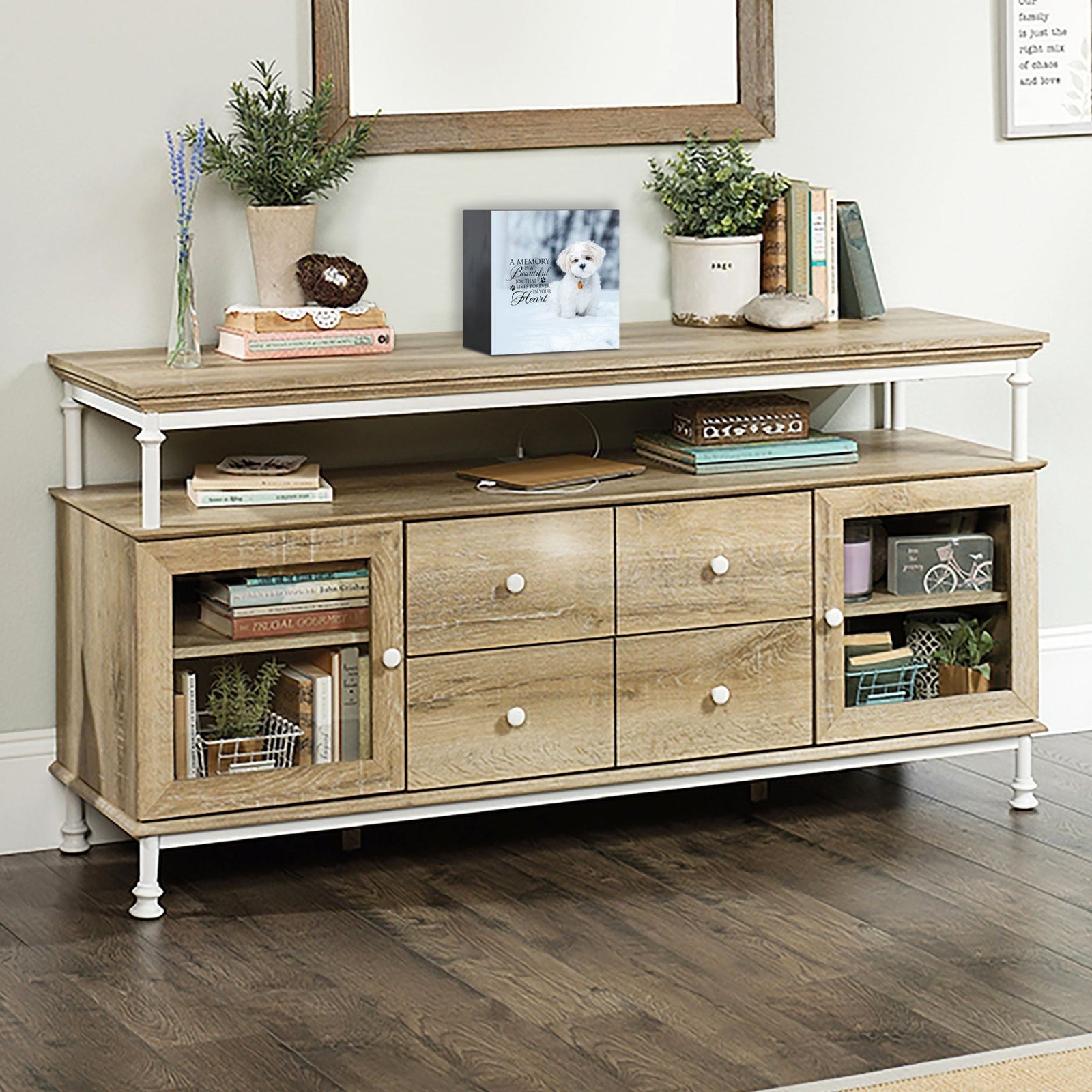 Wooden pet urn shadow box displayed on a rustic wooden TV console in a cozy living room. The shadow box features a photo of a pet. A touching bereavement keepsake box ideal for memorial shadow box ideas and pet urns for ashes.