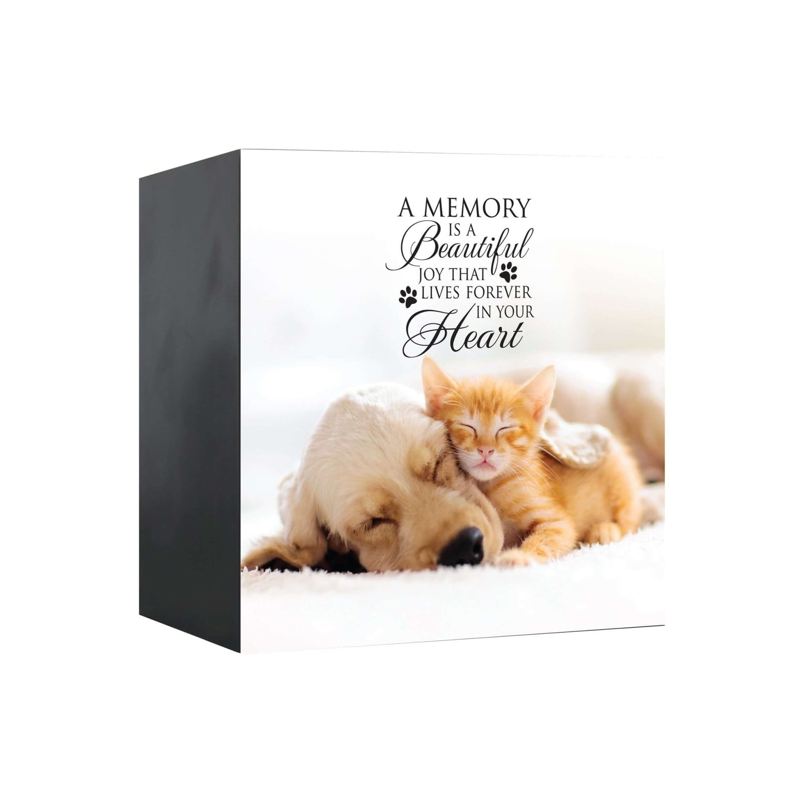 Close-up view of a Lifesong Milestones shadow box urn for dog or cat ashes, featuring a custom photo and a touching message. A high-quality wooden pet urn for ashes and a meaningful bereavement gift for someone who lost a pet.