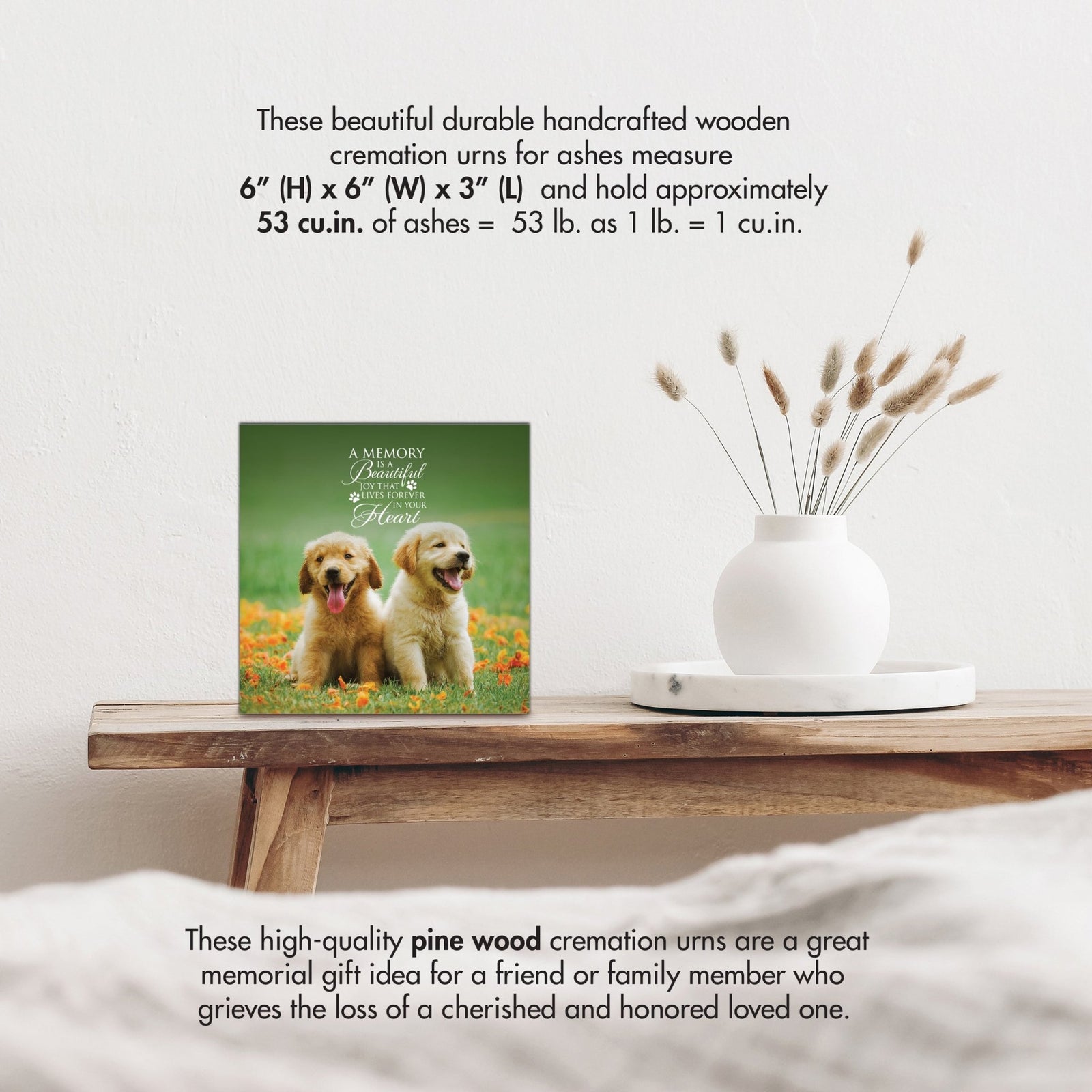 Wooden pet urn shadow box by Lifesong Milestones displayed on a rustic wooden table with a white vase of pampas grass, showcasing a photo of a pet with the heartfelt message. Ideal for memorial shadow box ideas or pet urns for ashes.