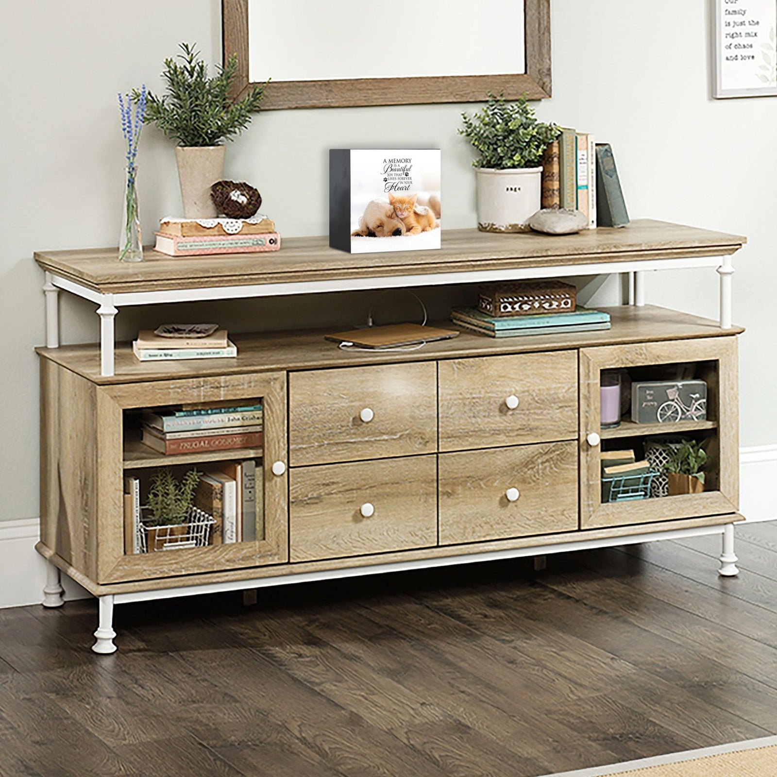 Wooden pet urn shadow box displayed on a rustic wooden TV console in a cozy living room. The shadow box features a custom photo of a pet. A touching bereavement keepsake box ideal for memorial shadow box ideas and personalized pet urns for ashes.