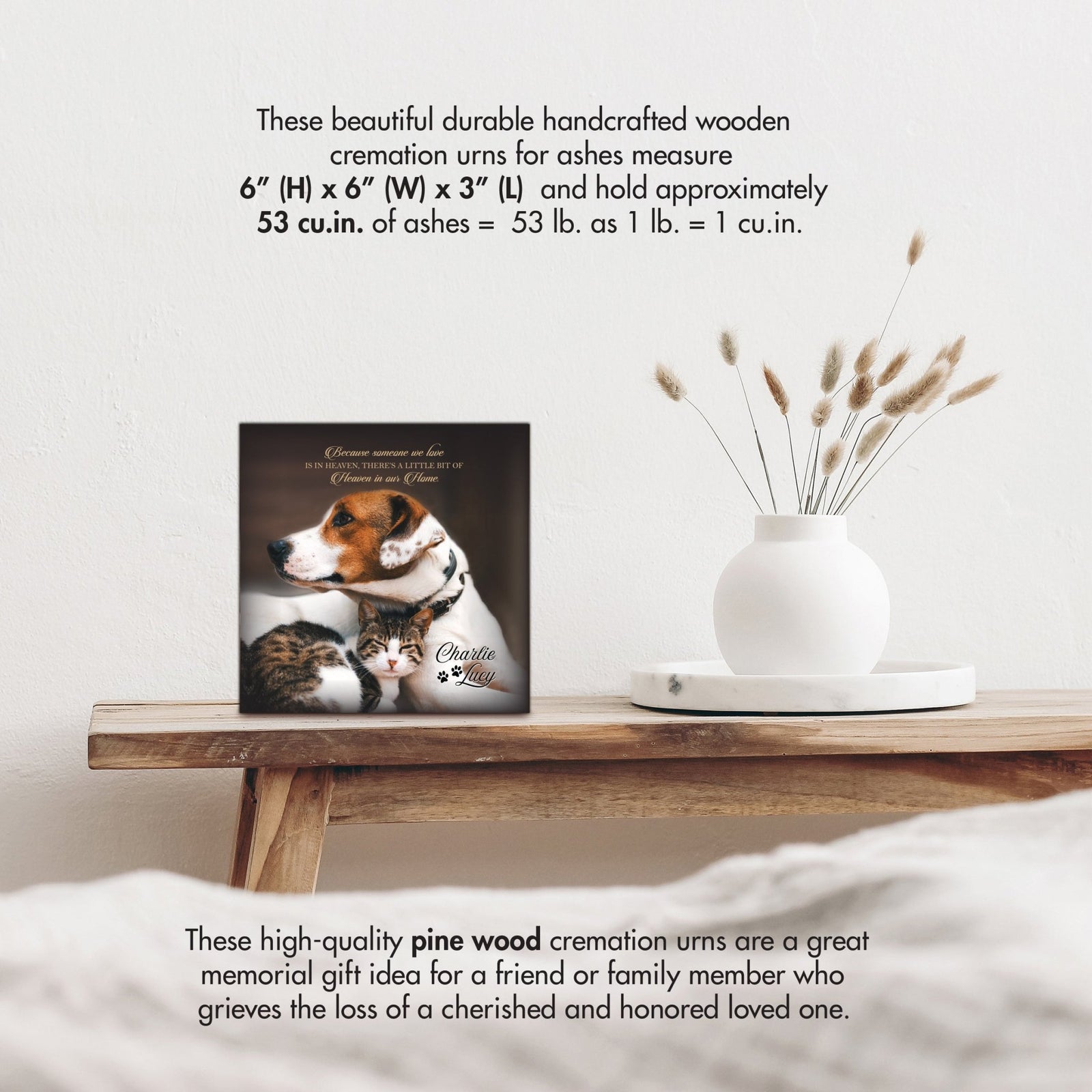 Wooden pet urn shadow box by Lifesong Milestones displayed on a rustic wooden table with a white vase of pampas grass, showcasing a custom photo of a pet with the heartfelt message. Ideal for memorial shadow box ideas or personalized pet urns for ashes