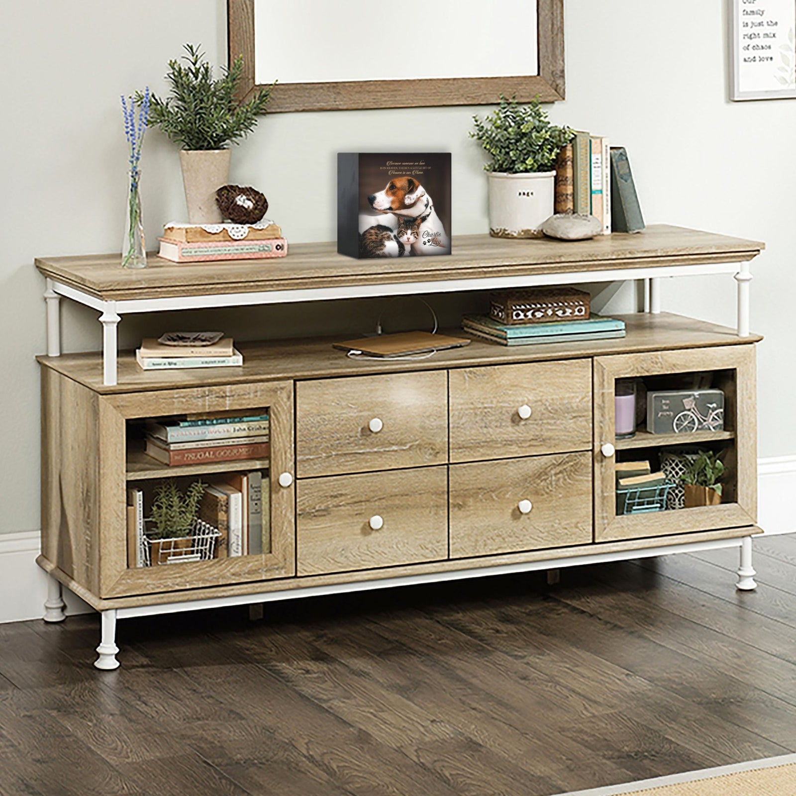 Wooden pet urn shadow box displayed on a rustic wooden TV console in a cozy living room. The shadow box features a custom photo of a pet. A touching bereavement keepsake box ideal for memorial shadow box ideas and personalized pet urns for ashes.