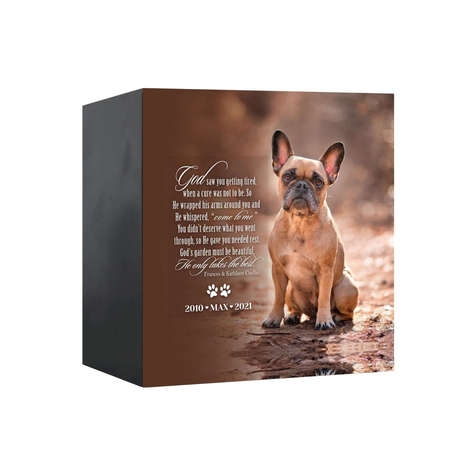 Close-up view of a Lifesong Milestones shadow box urn for dog or cat ashes, featuring a custom photo and a touching message. A high-quality wooden pet urn for ashes and a meaningful bereavement gift for someone who lost a pet.