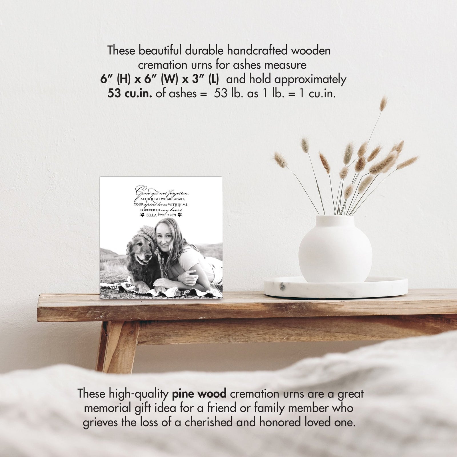 Wooden pet urn shadow box by Lifesong Milestones displayed on a rustic wooden table with a white vase of pampas grass, showcasing a custom photo of a pet with the heartfelt message. Ideal for memorial shadow box ideas or personalized pet urns for ashes
