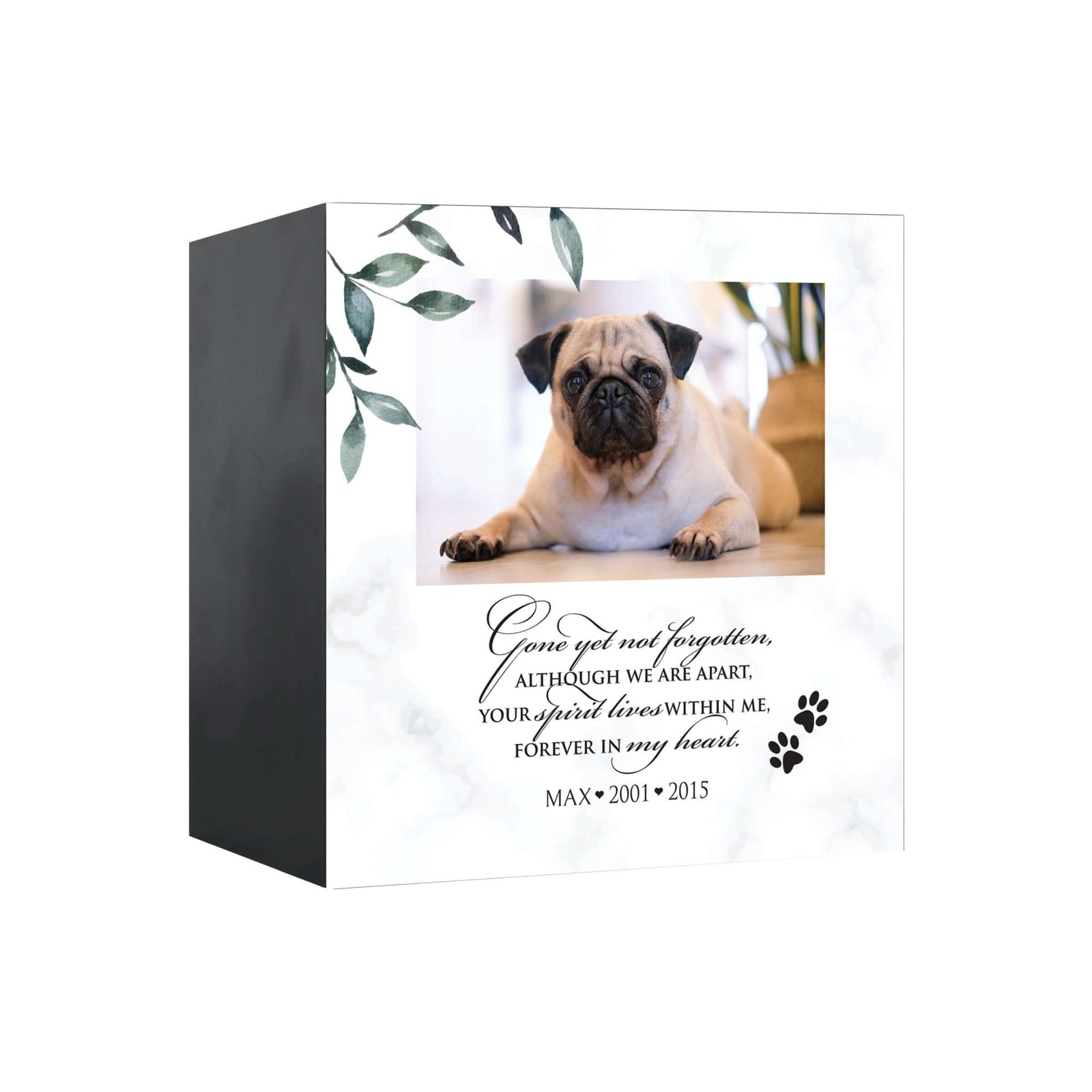 Close-up view of a Lifesong Milestones shadow box urn for dog or cat ashes, featuring a custom photo and a touching message. A high-quality wooden pet urn for ashes and a meaningful bereavement gift for someone who lost a pet.
