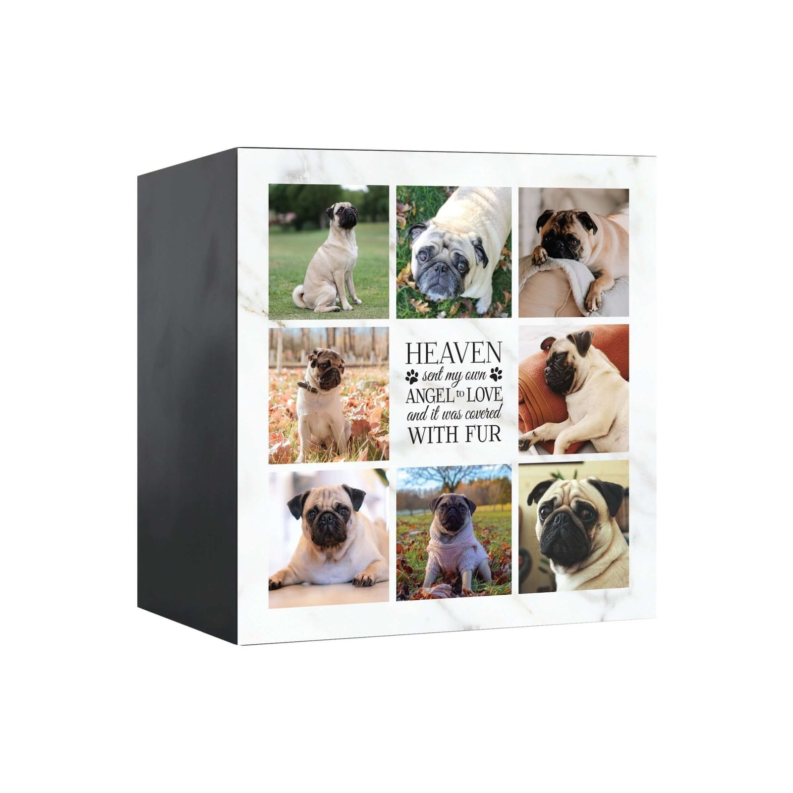 Personalized Wooden Dog Urns for Ashes featuring a pug photo collage and a heartfelt message.