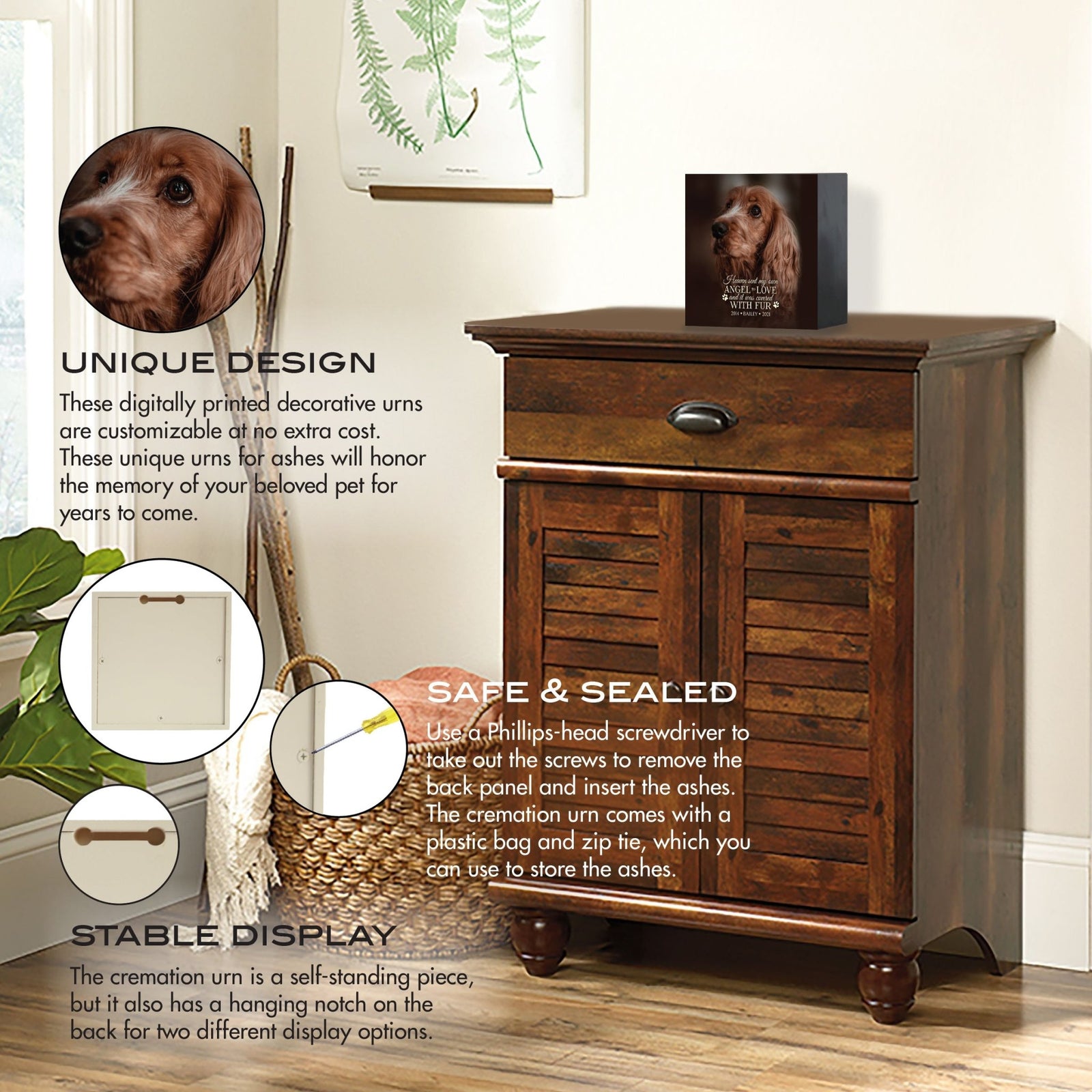 A wooden cabinet displays a personalized pet cremation urn on top, highlighting its unique design, secure storage, and versatile display options.