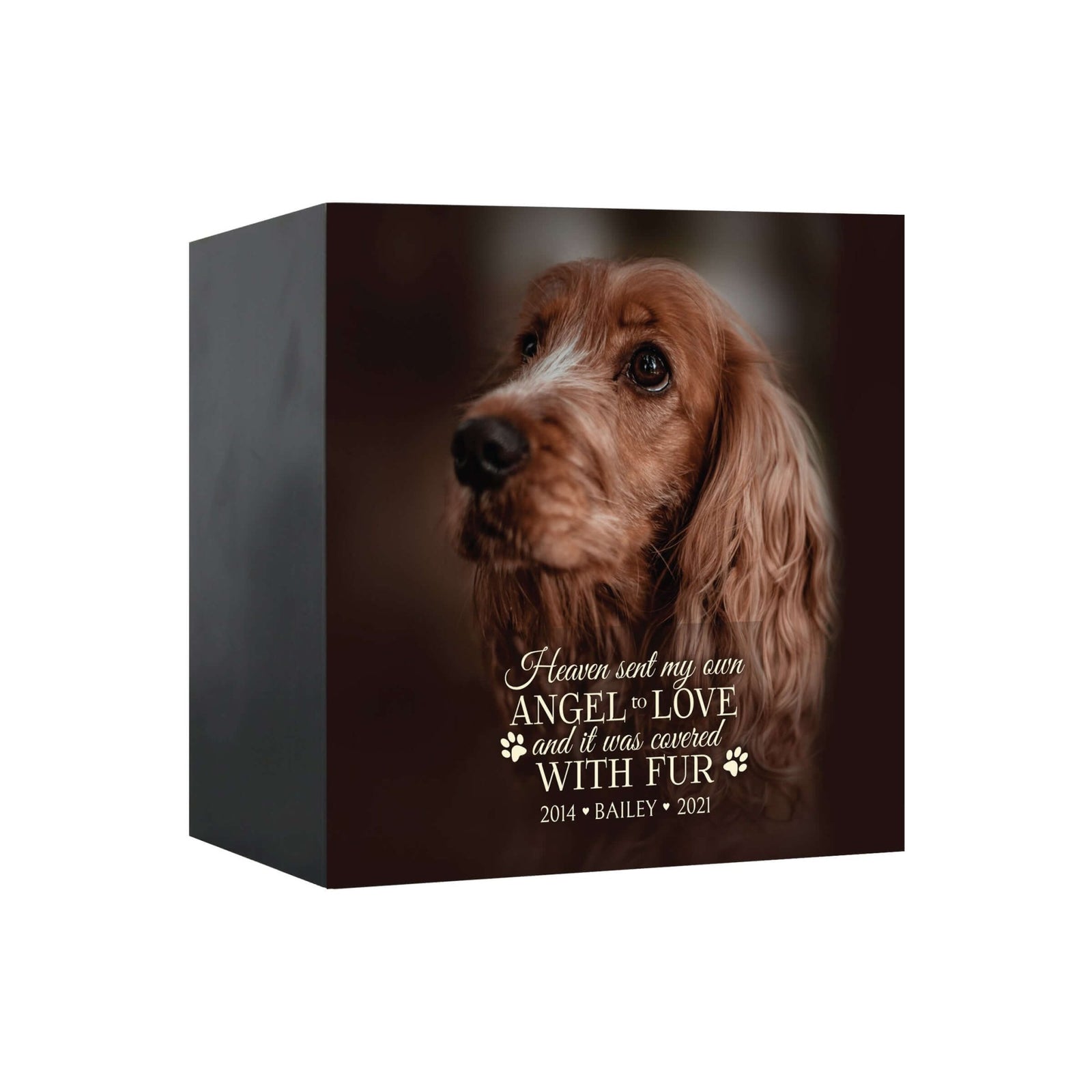 A personalized Wooden Cremation Photo Urns featuring a custom photo, heartfelt quote, and engraved nameplate.