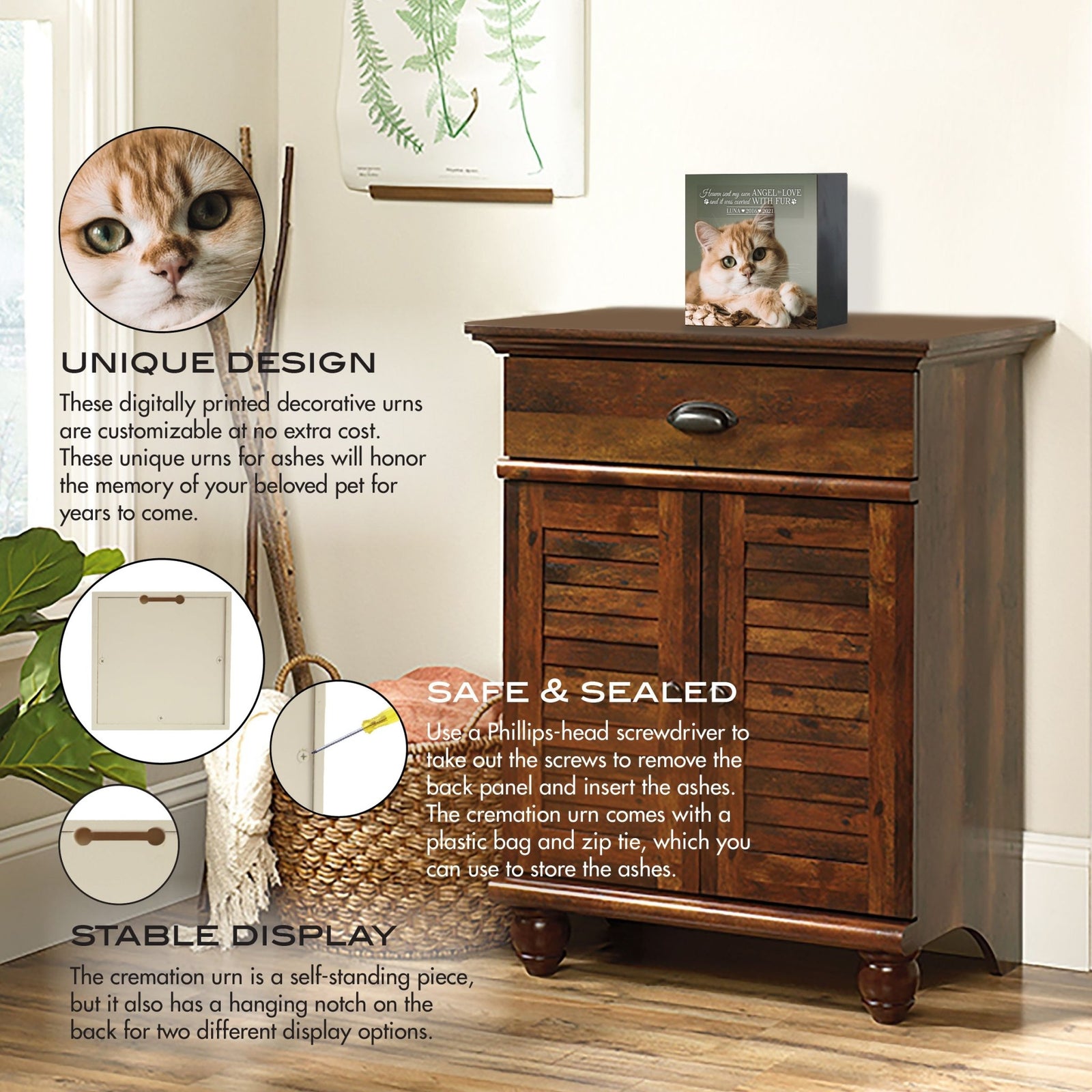 Custom wooden memorial shadow box urn with pet's photo and an emotional message, displayed on a vintage wooden cabinet.
