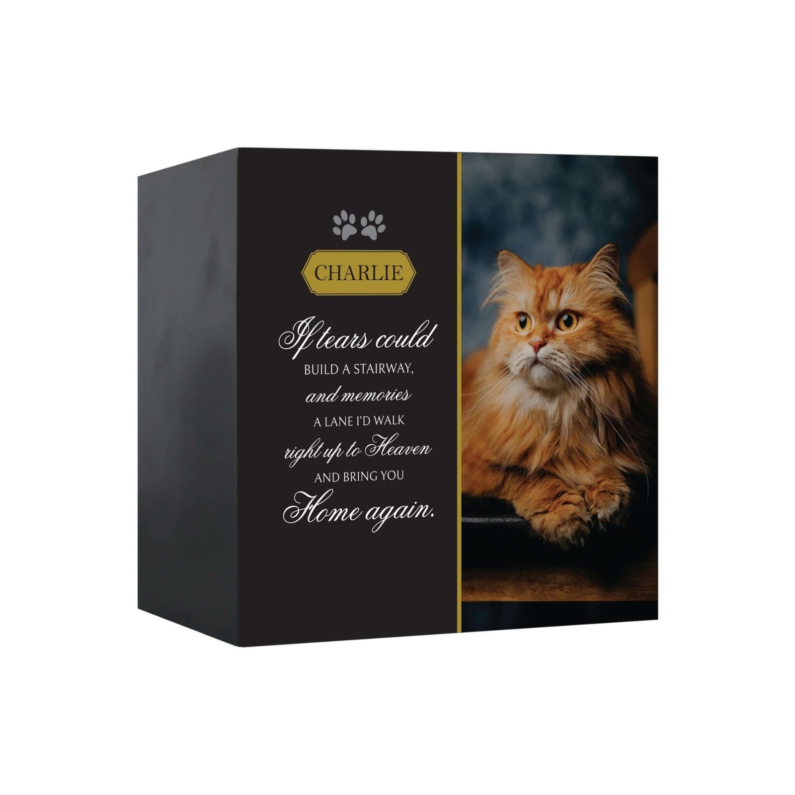 A personalized Wooden Cat Urns for Ashes featuring a cat's photo, a heartfelt quote, and a nameplate.