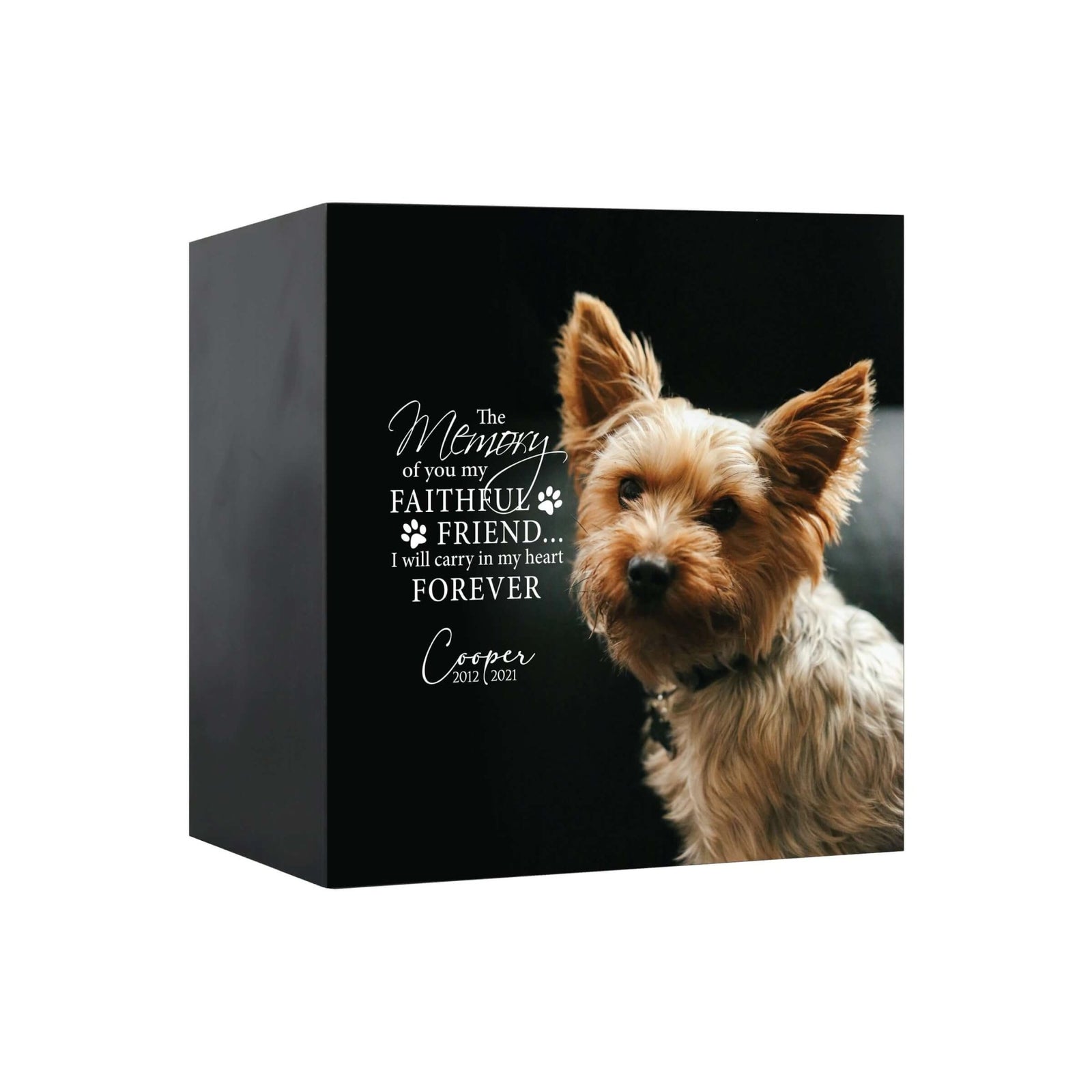 Close-up view of a Lifesong Milestones shadow box urn for dog or cat ashes, featuring a custom photo and a touching message. A high-quality wooden pet urn for ashes and a meaningful bereavement gift for someone who lost a pet.