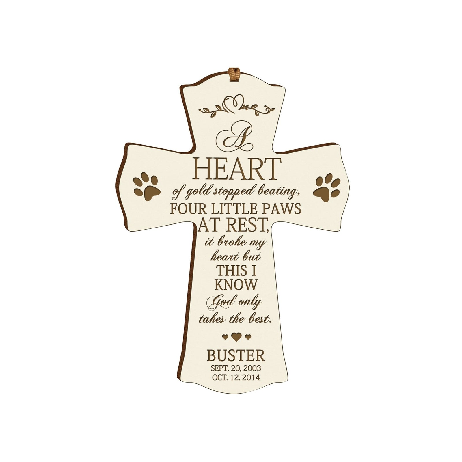 Pet Memorial Engraved Cross Ornament - A Heart of Gold - LifeSong Milestones