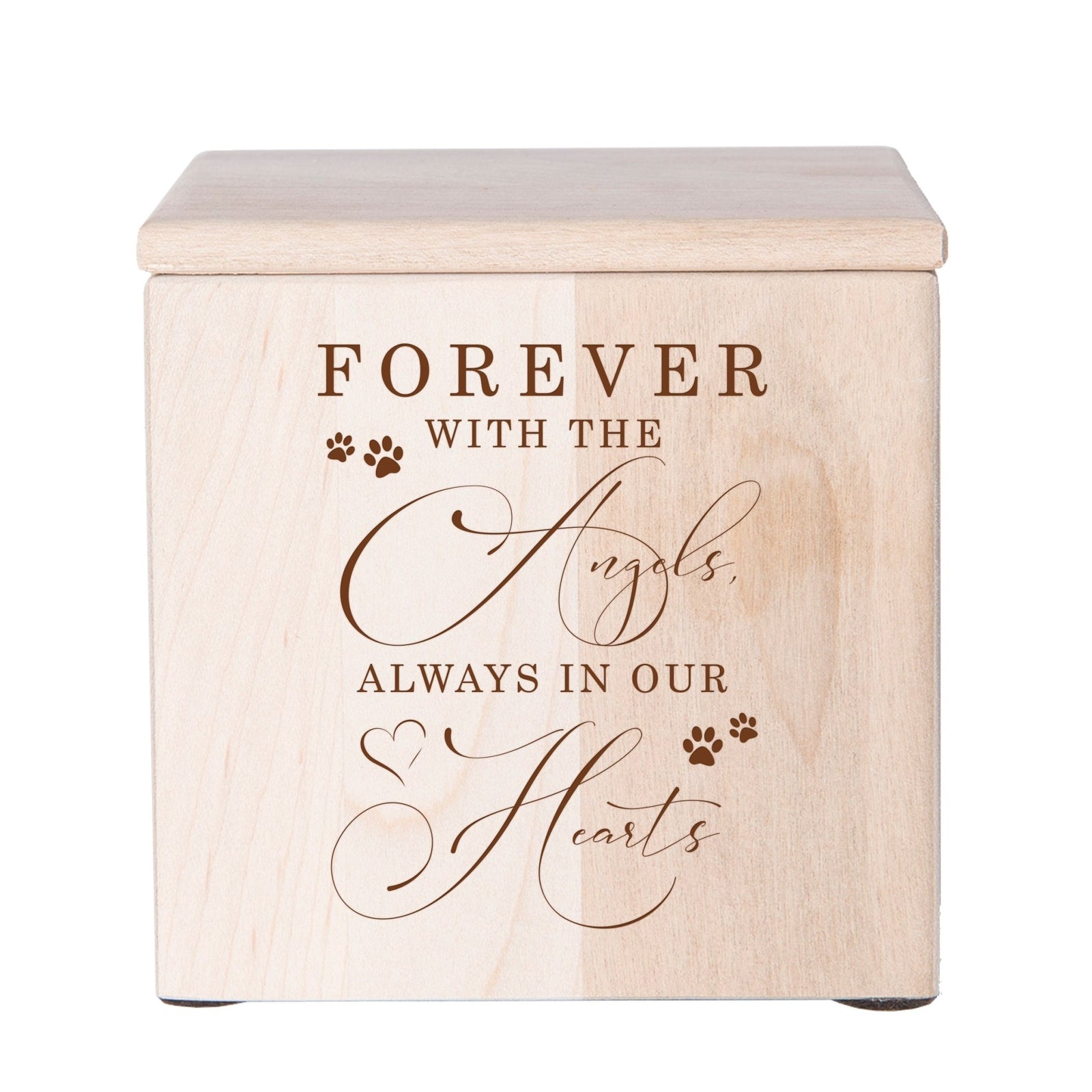 A beautifully crafted Pet Cremation Urns for Ashes in maple wood featuring delicate paw prints.