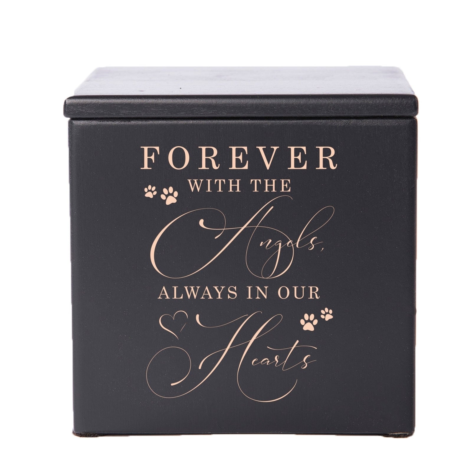 A beautifully crafted Pet Cremation Urns for Ashes in black wood featuring delicate paw prints.