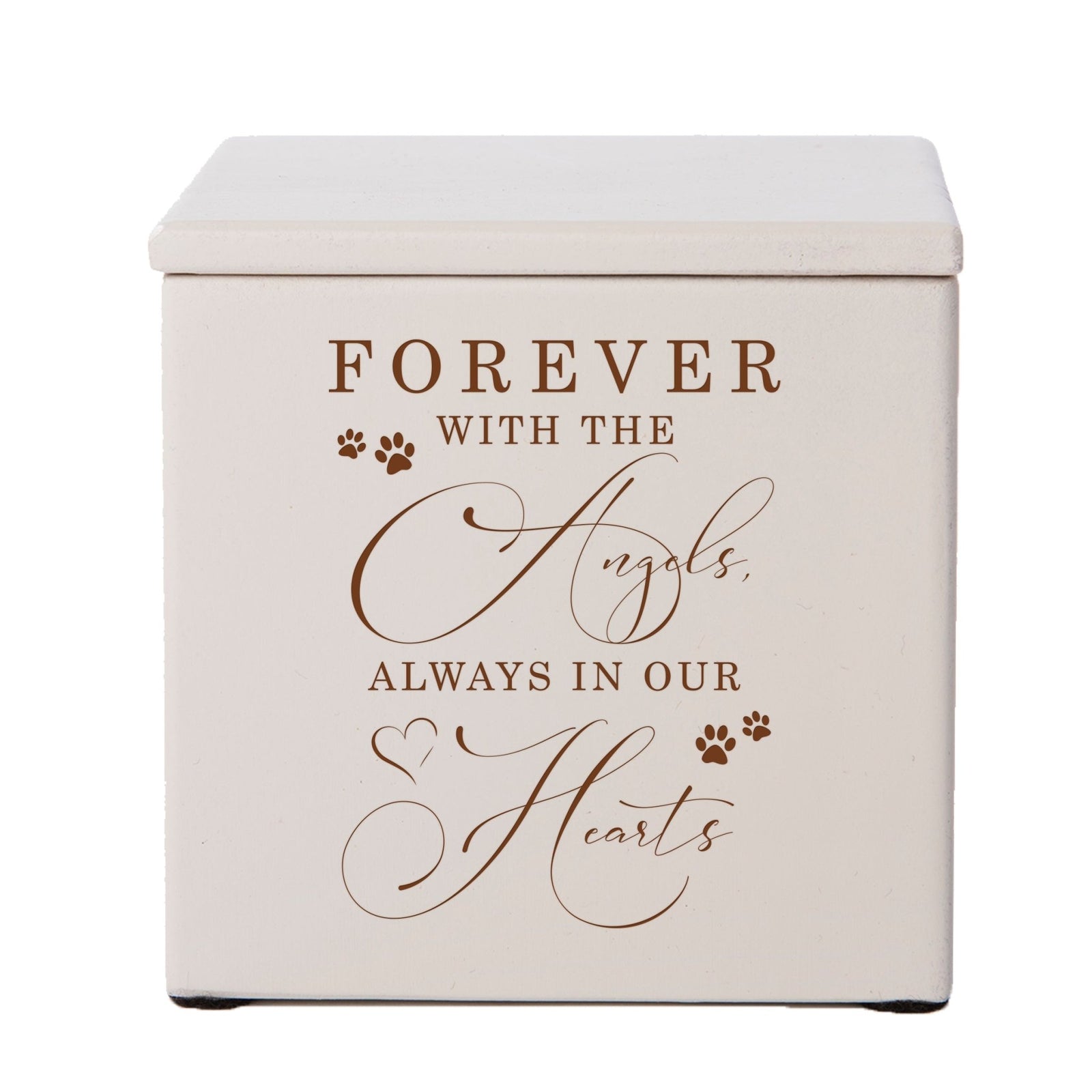A classic ivory pet cremation urn featuring a sentimental engraving and delicate paw prints.