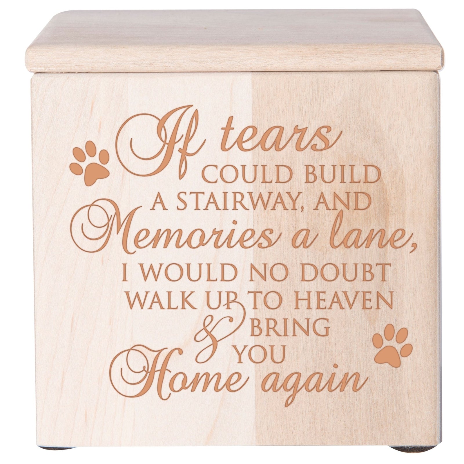A beautifully crafted Dog Urns for Ashes in maple wood featuring delicate paw prints.