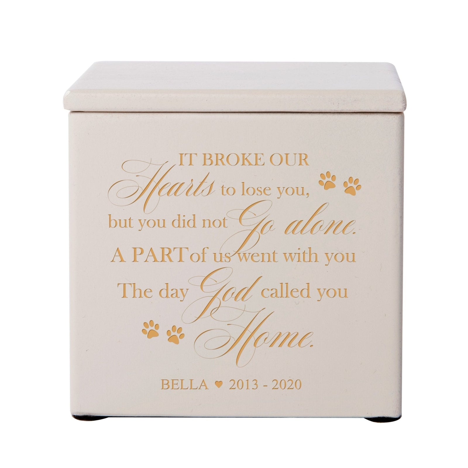 A classic ivory wooden pet urn featuring a sentimental engraving, designed as a comforting pet memorial urn for dogs or cats. This pet cremation urn is a beautiful tribute to a loyal companion.
