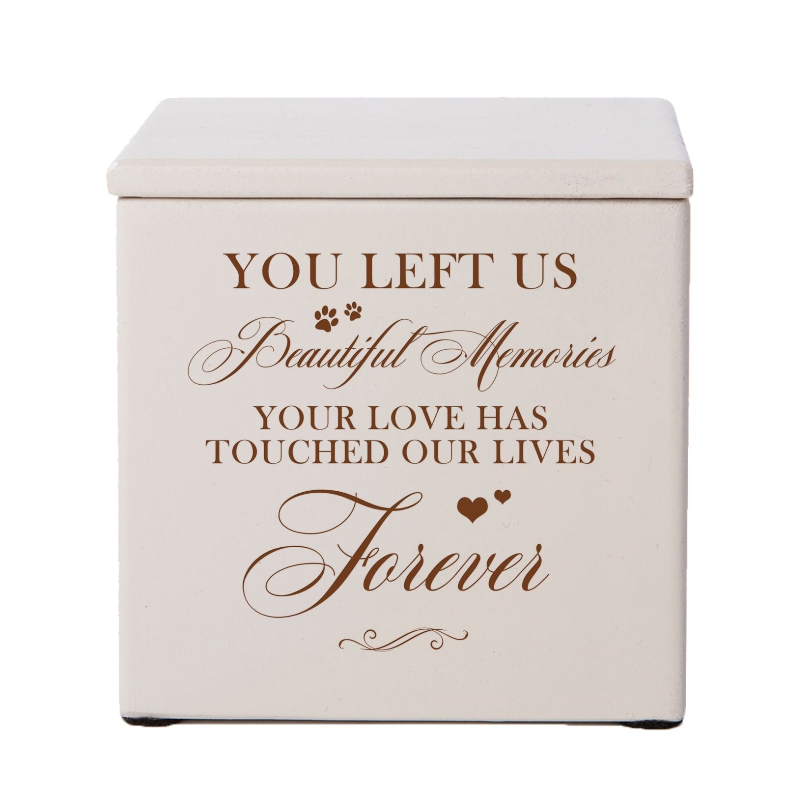 A classic ivory Dog cremation urn featuring a sentimental engraving and delicate paw prints.