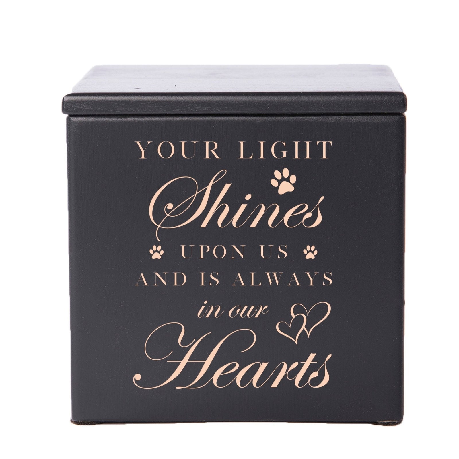 A sleek black wooden pet urn with an elegant engraved message, perfect for preserving cherished memories. This pet urn for ashes is ideal for those seeking a sophisticated dog urn or cat cremation urn for their beloved pet.