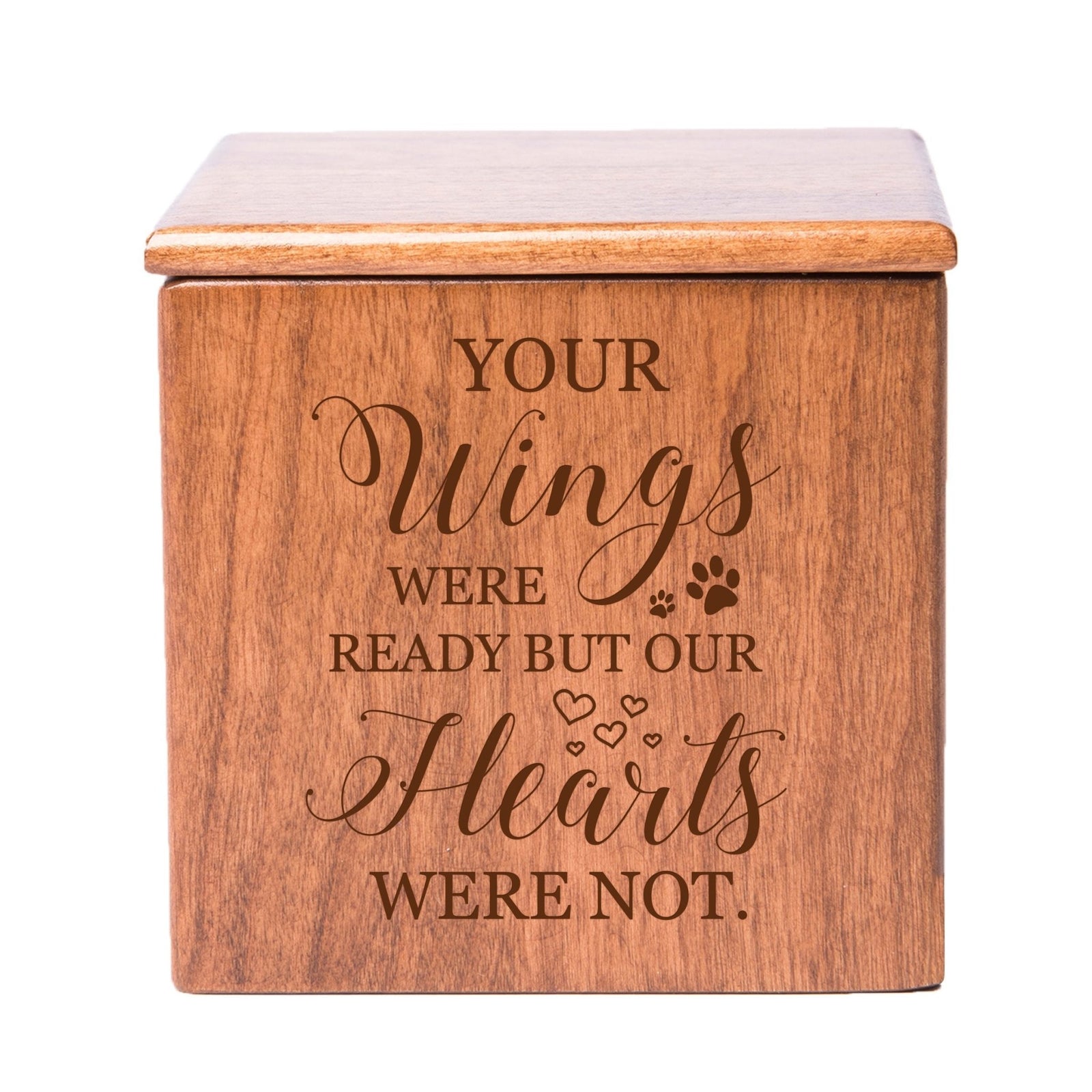 A cherry finish pet urn box with a timeless engraved message, offering a special place for pet ashes. This dog urn for ashes or cat cremation urn is a meaningful keepsake for honoring a beloved pet.