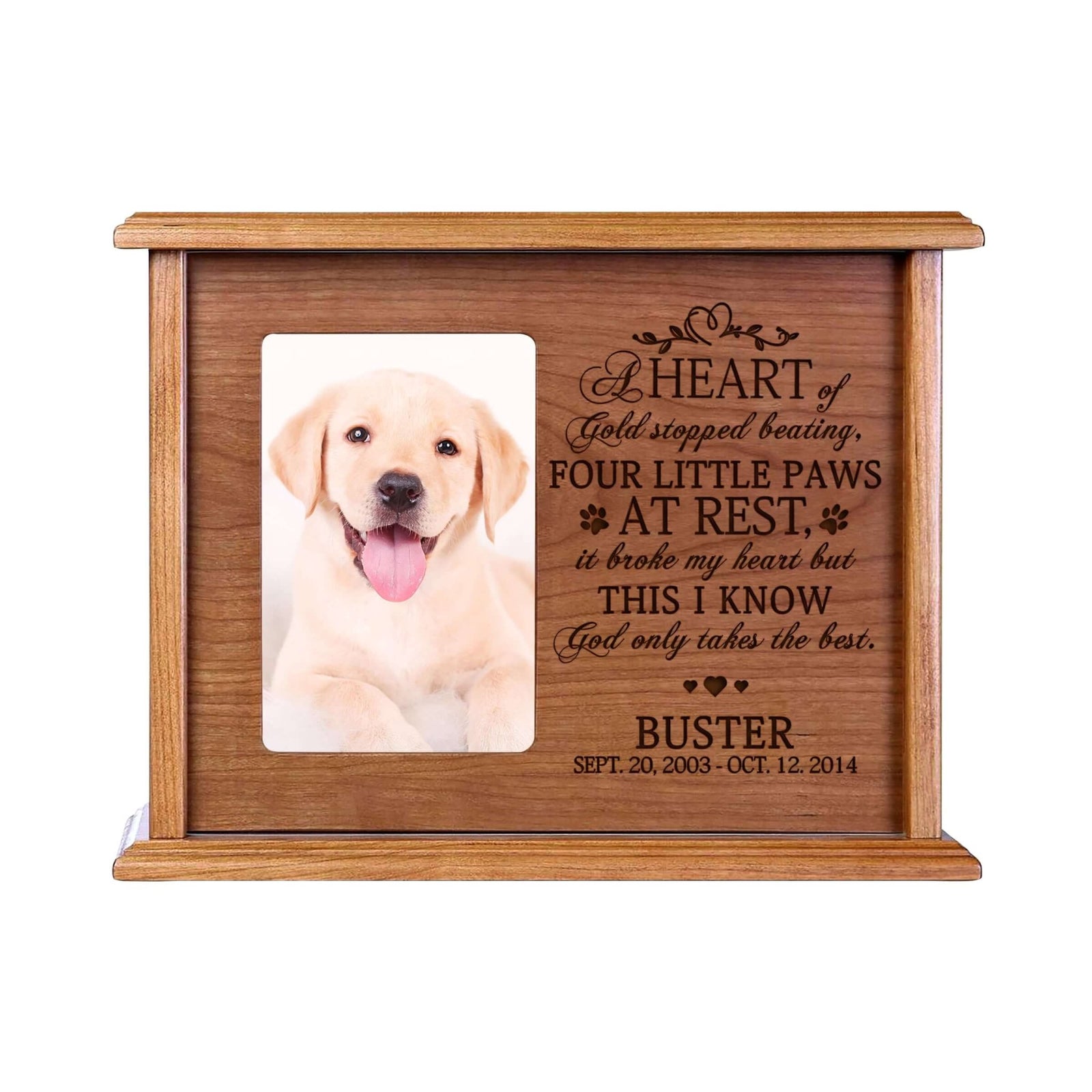 Pet Memorial Picture Cremation Urn Box for Dog or Cat - A Heart of Gold - LifeSong Milestones