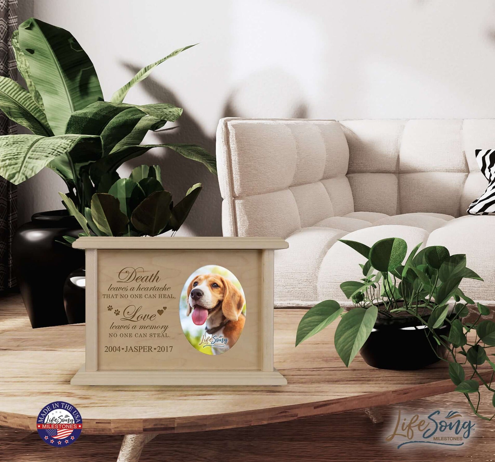 Pet Memorial Picture Cremation Urn Box for Dog or Cat - Death Leaves A Heartache - LifeSong Milestones