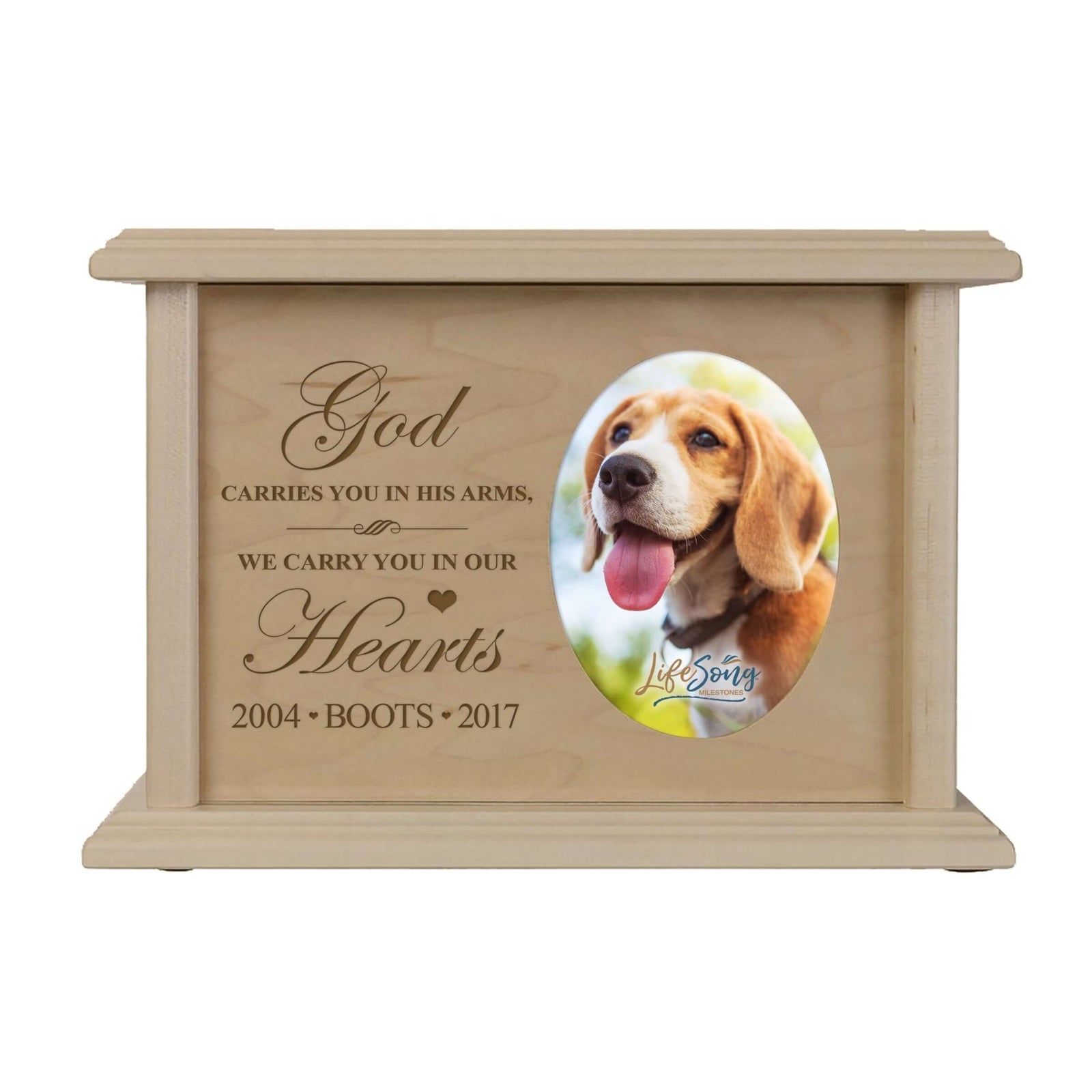 Pet Memorial Picture Cremation Urn Box for Dog or Cat - God Carries You In His Arms - LifeSong Milestones