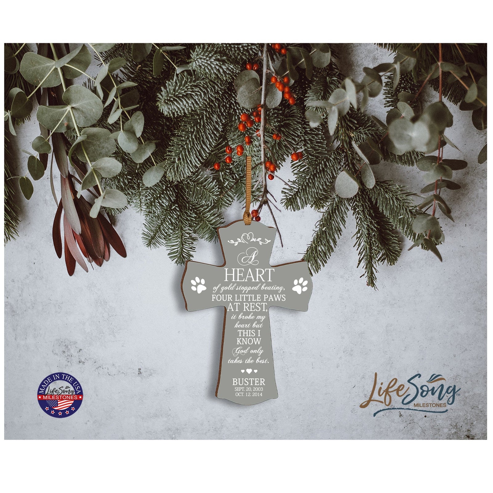 Pet Memorial Printed Cross Ornament - A Heart of Gold - LifeSong Milestones
