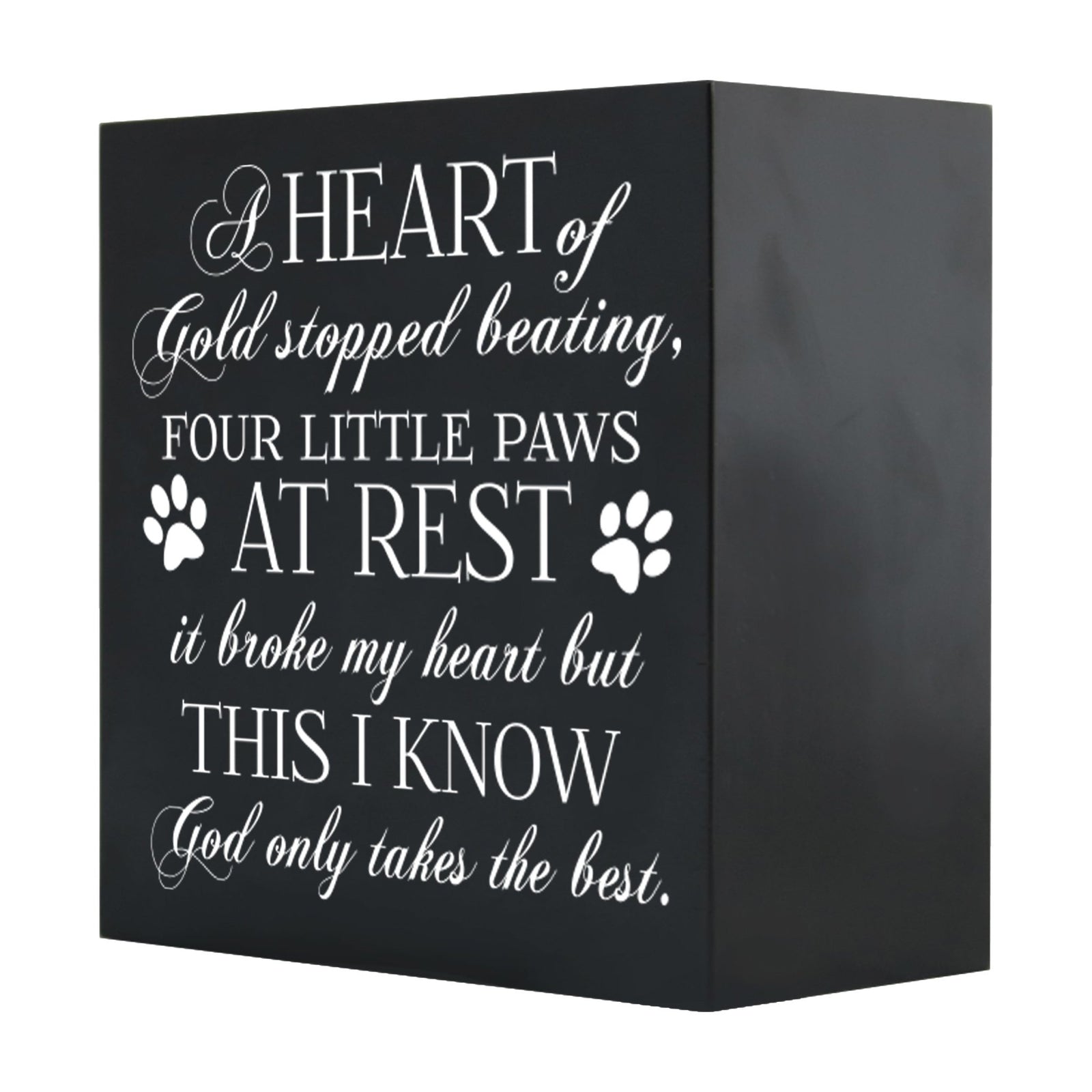 Close-up of a black Lifesong Milestones Memorial Shadow Box Urn For Pet Ashes with a moving inscription about love and loss, designed for displaying keepsakes and honoring a pet’s memory.