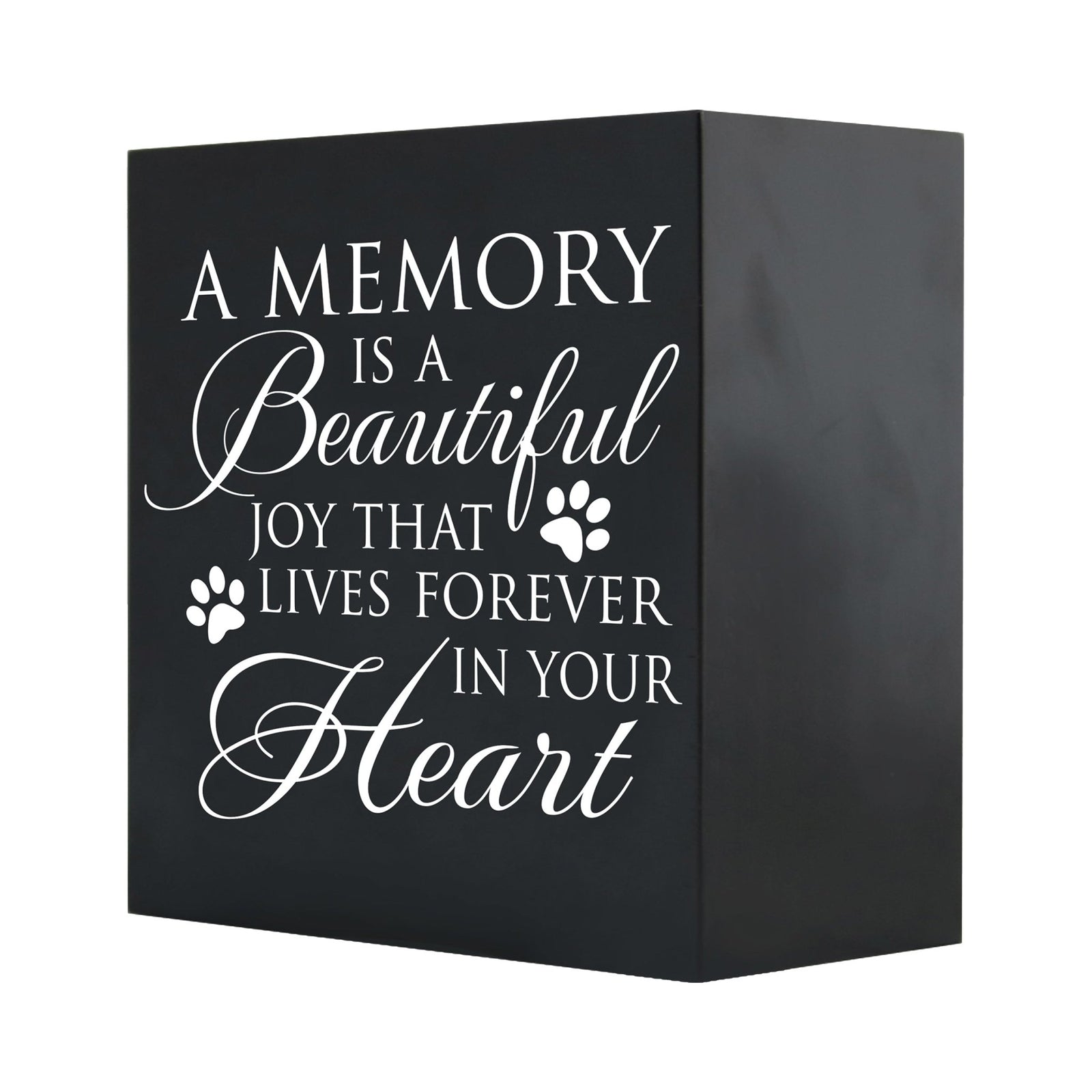 Close-up of a black Lifesong Milestones Memorial Shadow Box Urn For Pet Ashes with a moving inscription about love and loss, designed for displaying keepsakes and honoring a pet’s memory.