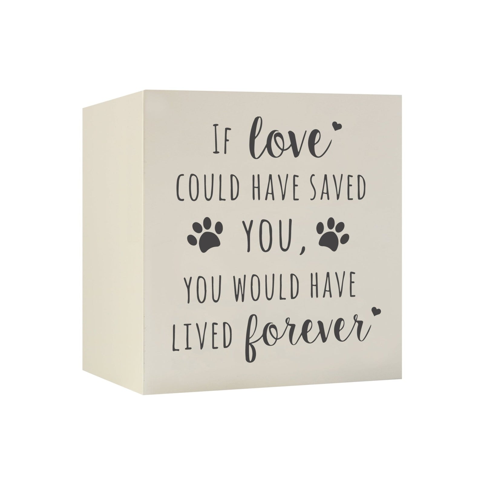 Lifesong Milestones Memorial Shadow Box Urn For Pet Ashes in white, featuring an elegant script with a heartfelt message. A touching tribute to a beloved pet's memory.