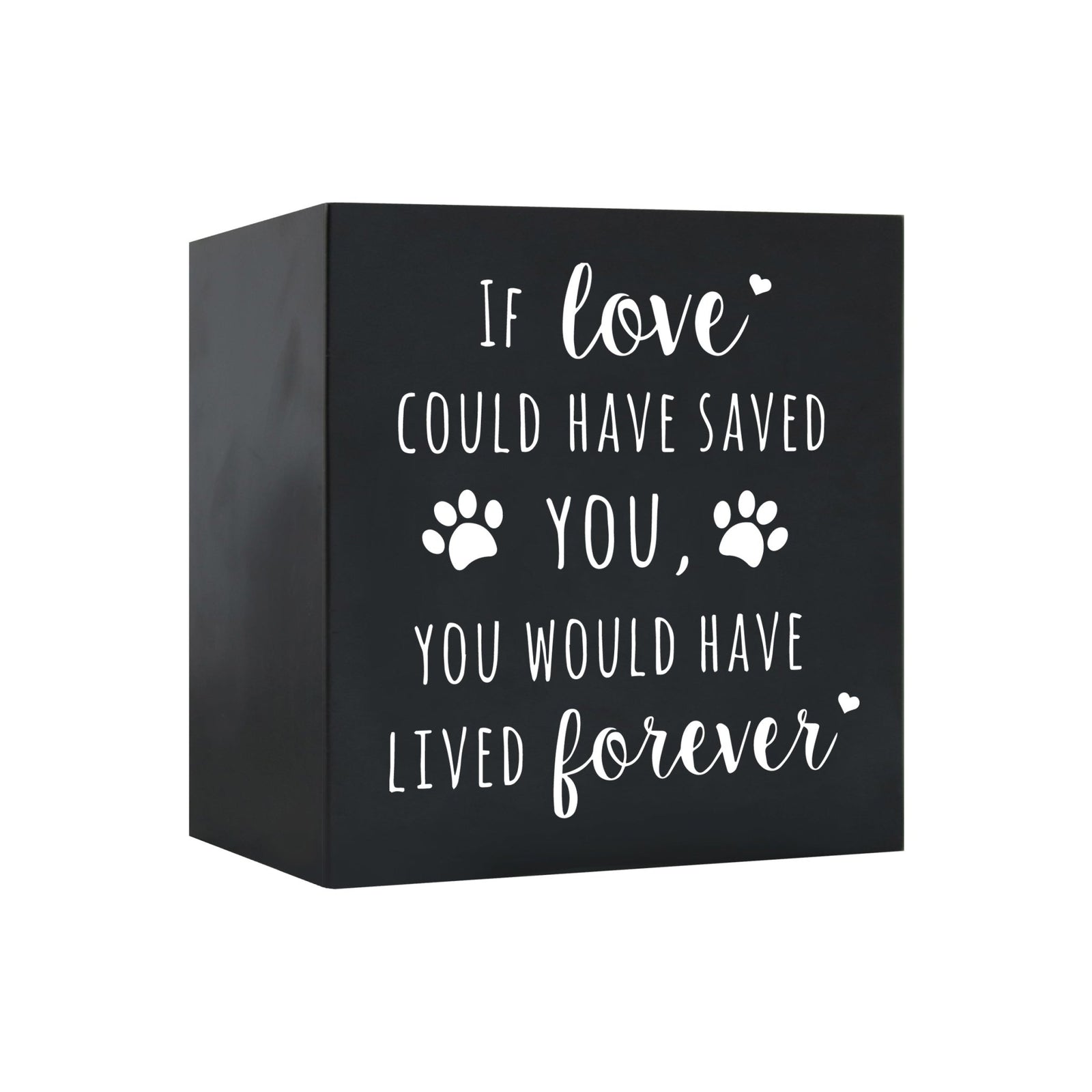 Close-up of a black Lifesong Milestones Memorial Shadow Box Urn For Pet Ashes with a moving inscription about love and loss, designed for displaying keepsakes and honoring a pet’s memory.