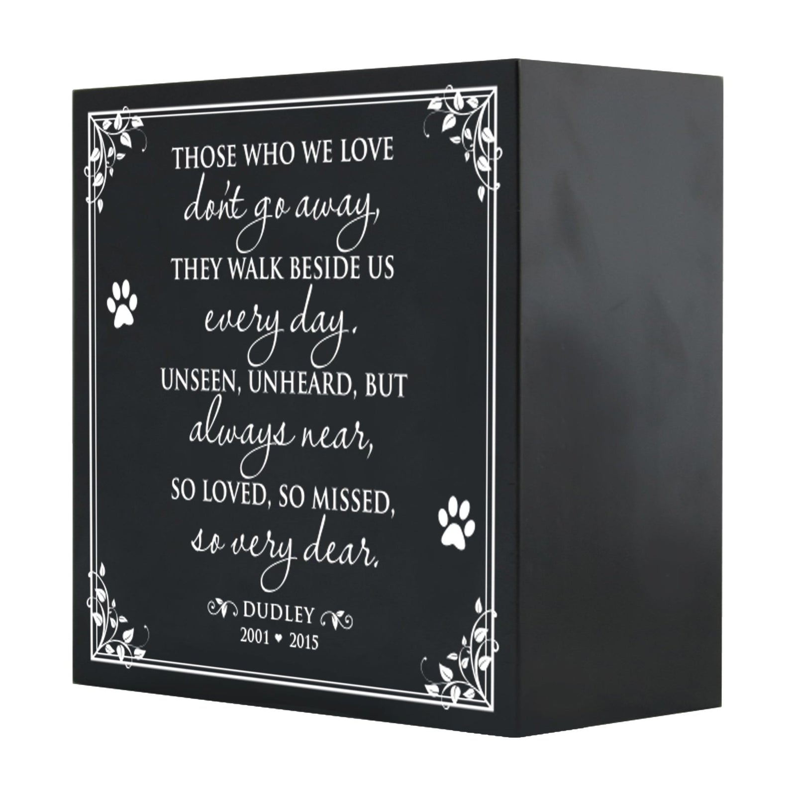 Close-up of a black Lifesong Milestones Memorial Shadow Box Urn For Pet Ashes with a moving inscription about love and loss, designed for displaying keepsakes and honoring a pet’s memory.