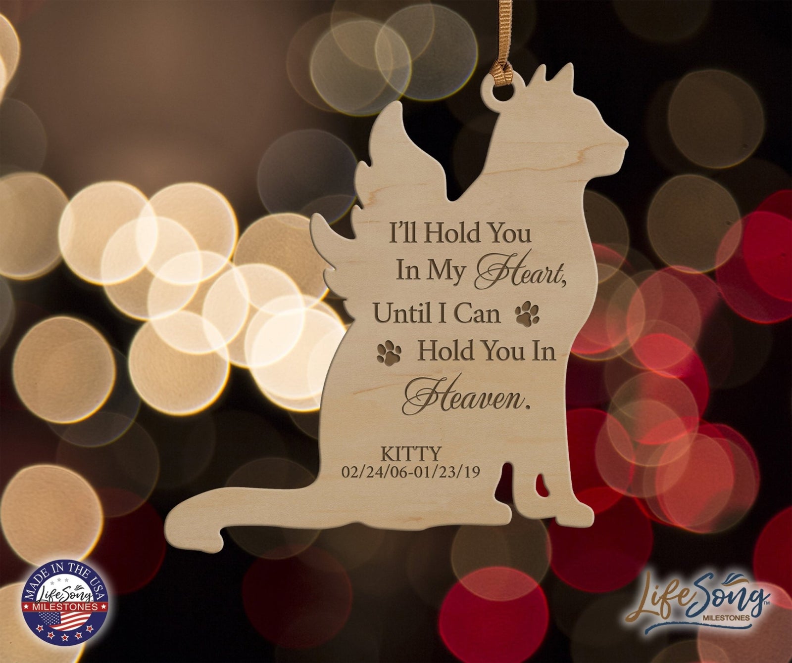 Pet Memorial Wooden Dog or Cat Ornament - I'll Hold You In My Heart - LifeSong Milestones