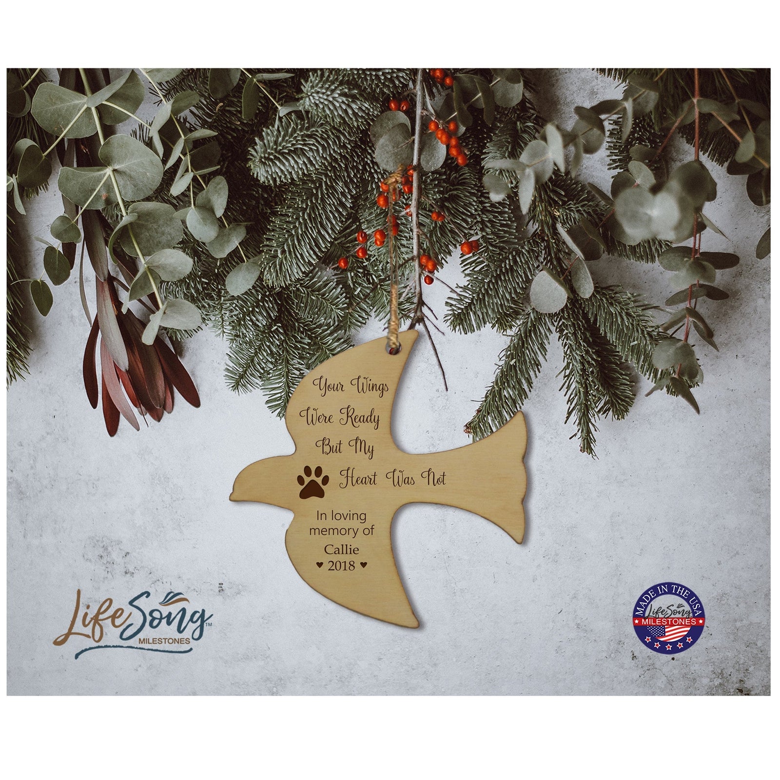 Pet Memorial Wooden Dove Ornament - Your Wings Were Ready - LifeSong Milestones