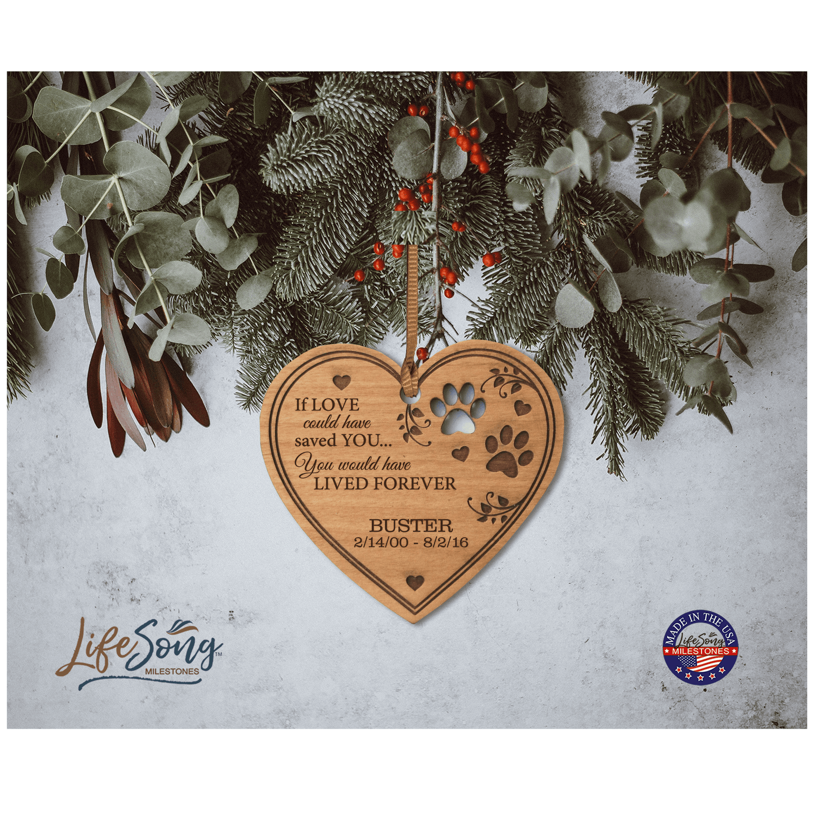 Pet Memorial Wooden Heart Ornament - Forever In My Heart - LifeSong Milestones
