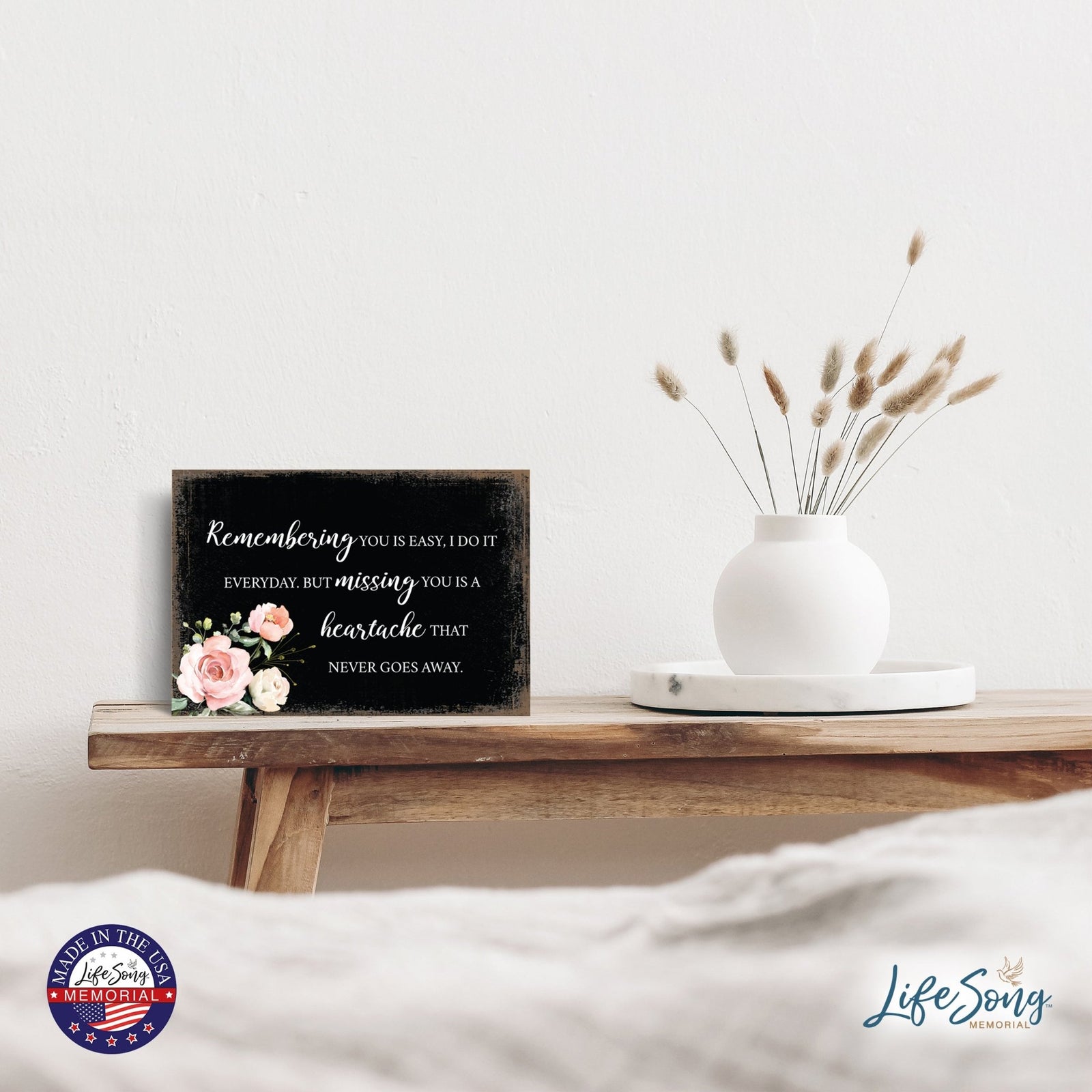 Remembering Is Easy Wooden Floral 5.5x8 Inches Memorial Art Sign Table Top and shelf decor For Home Décor - LifeSong Milestones