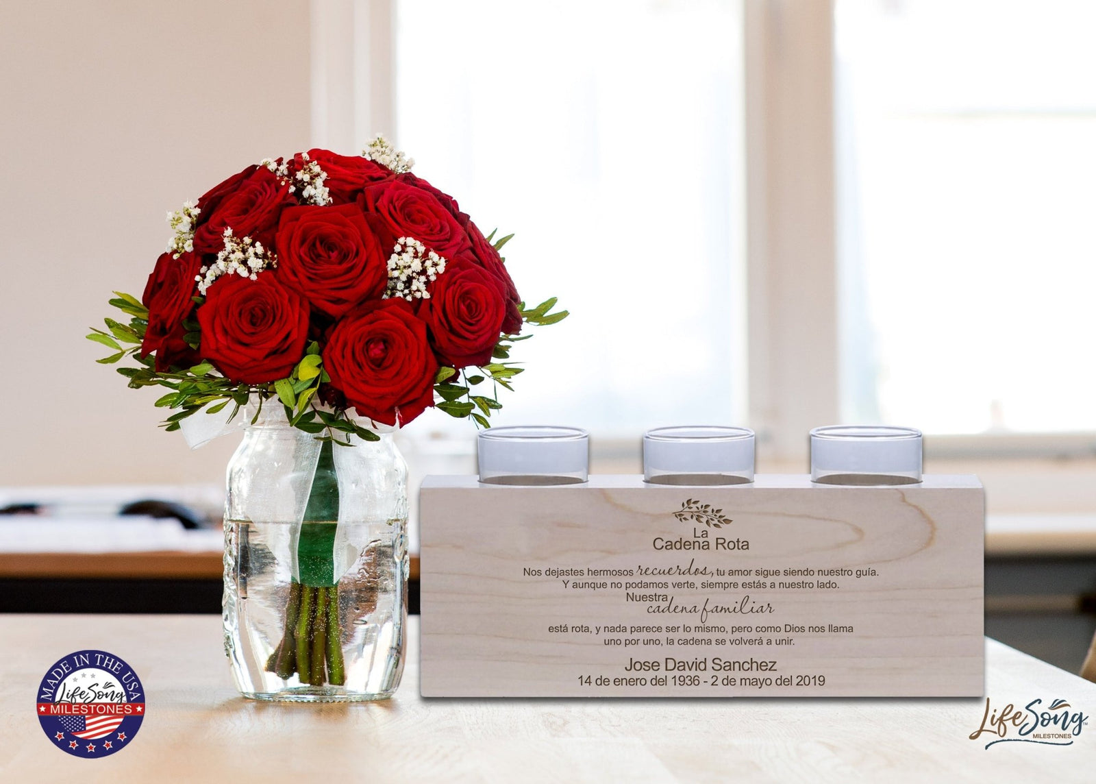 Remembrance Memorial 3 Candle Holder - Spanish Verse The Broken Chain - LifeSong Milestones