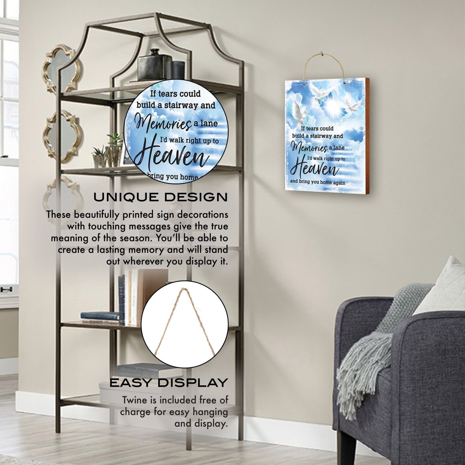 Rustic Memorial Wall Hanging Rope Sign for Home and Living Room Décor & Gift Ideas - Stairway to Heaven - LifeSong Milestones