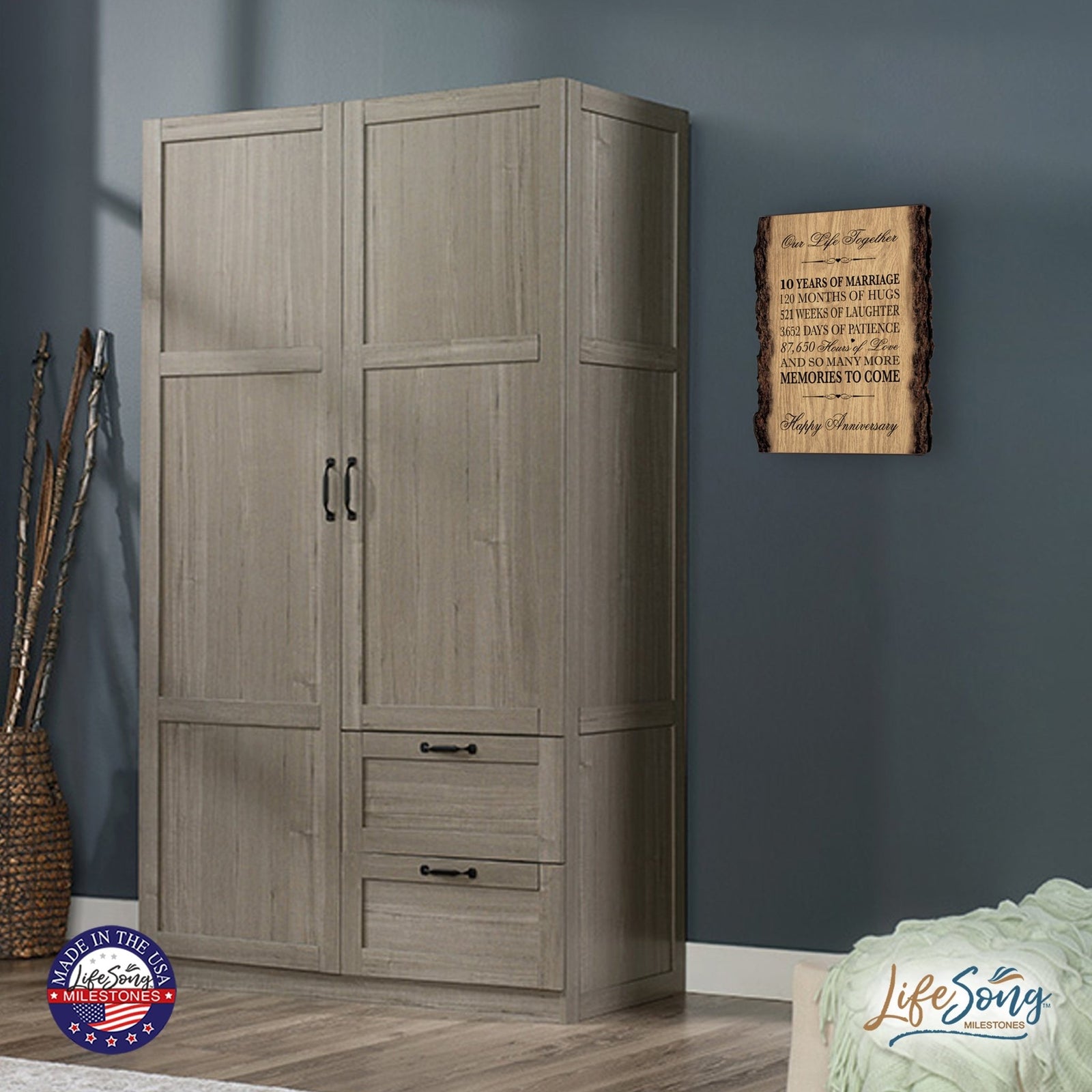 Rustic Wedding Anniversary 9x12 Barky Wall Plaque Gift For Parents, Grandparents New Couple - 10 Years Of Marriage - LifeSong Milestones