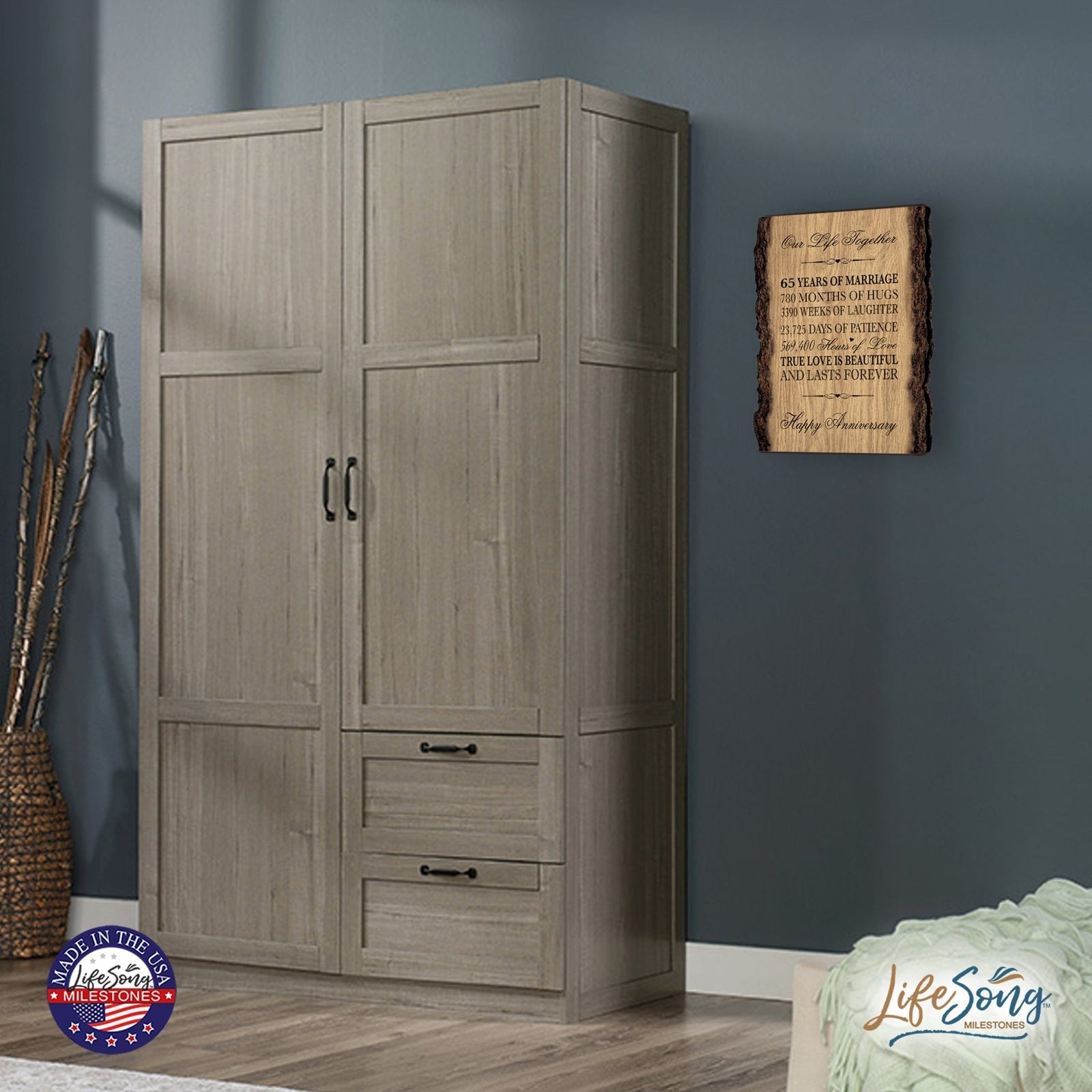 Rustic Wedding Anniversary 9x12 Barky Wall Plaque Gift For Parents, Grandparents New Couple - 65 Years Of Marriage - LifeSong Milestones