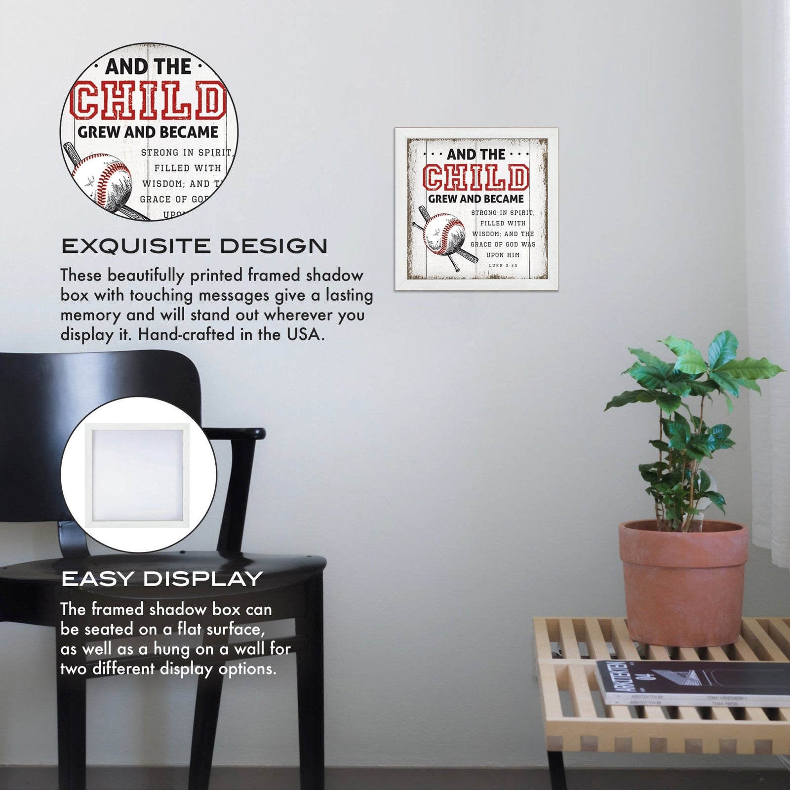 Rustic Wooden Baseball Framed Shadow Box Shelf Décor With Inspiring Bible Verses - And The Child - LifeSong Milestones