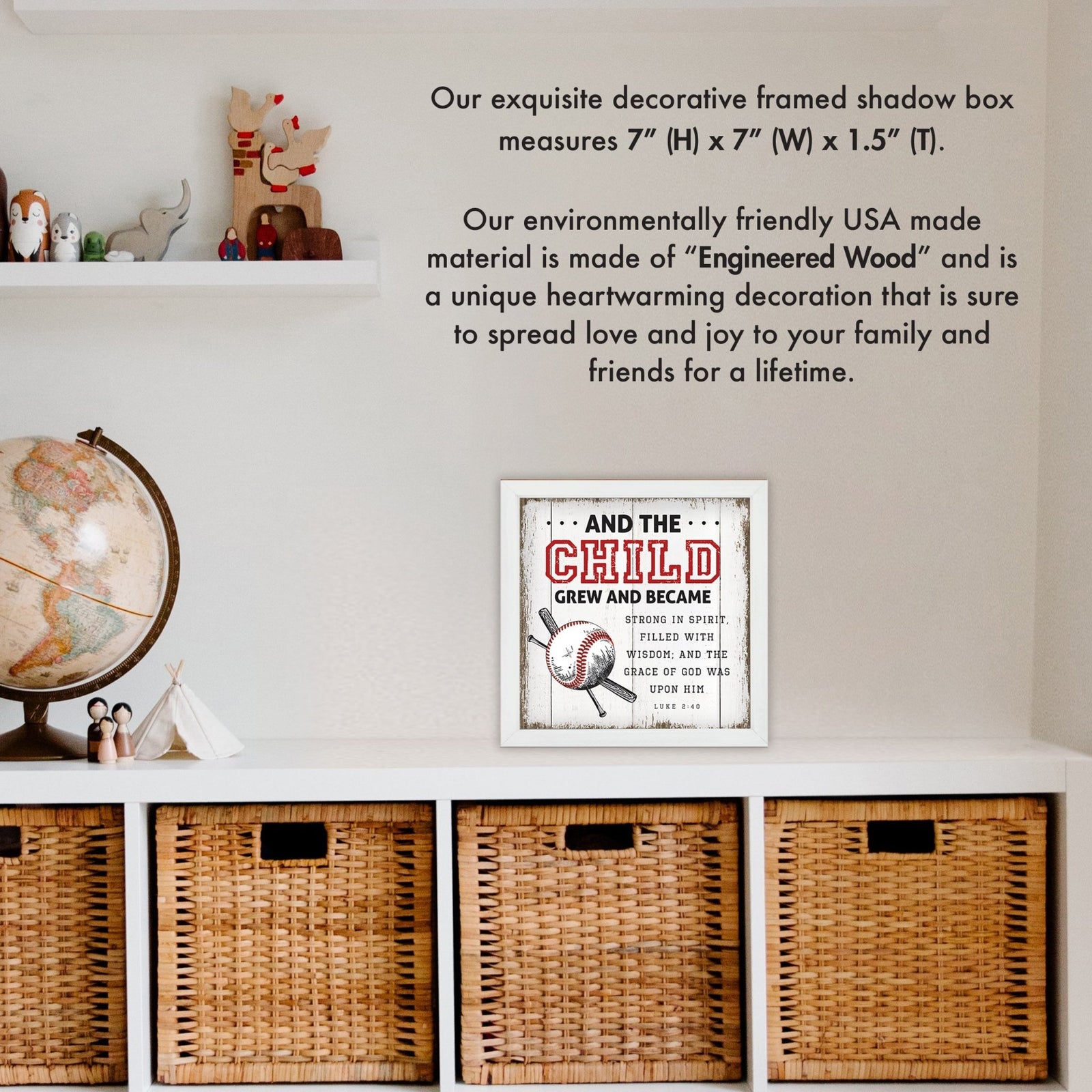 Rustic Wooden Baseball Framed Shadow Box Shelf Décor With Inspiring Bible Verses - And The Child - LifeSong Milestones